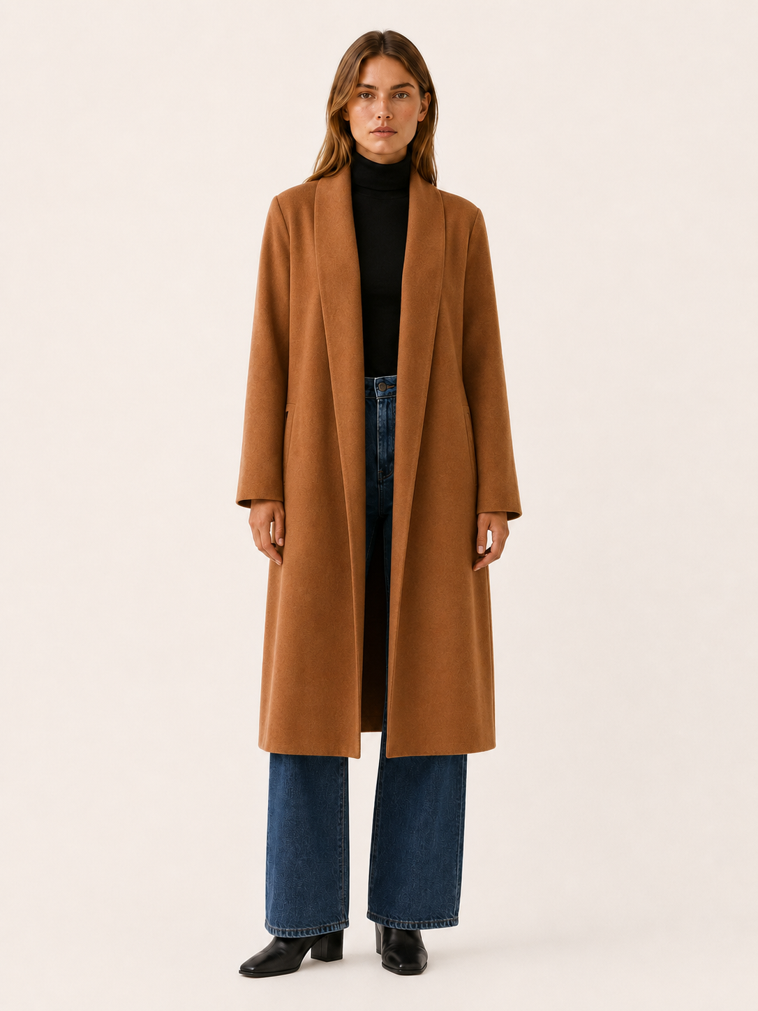Ariane | Long Trench Coat with Open Front and Roll-Tab Sleeves