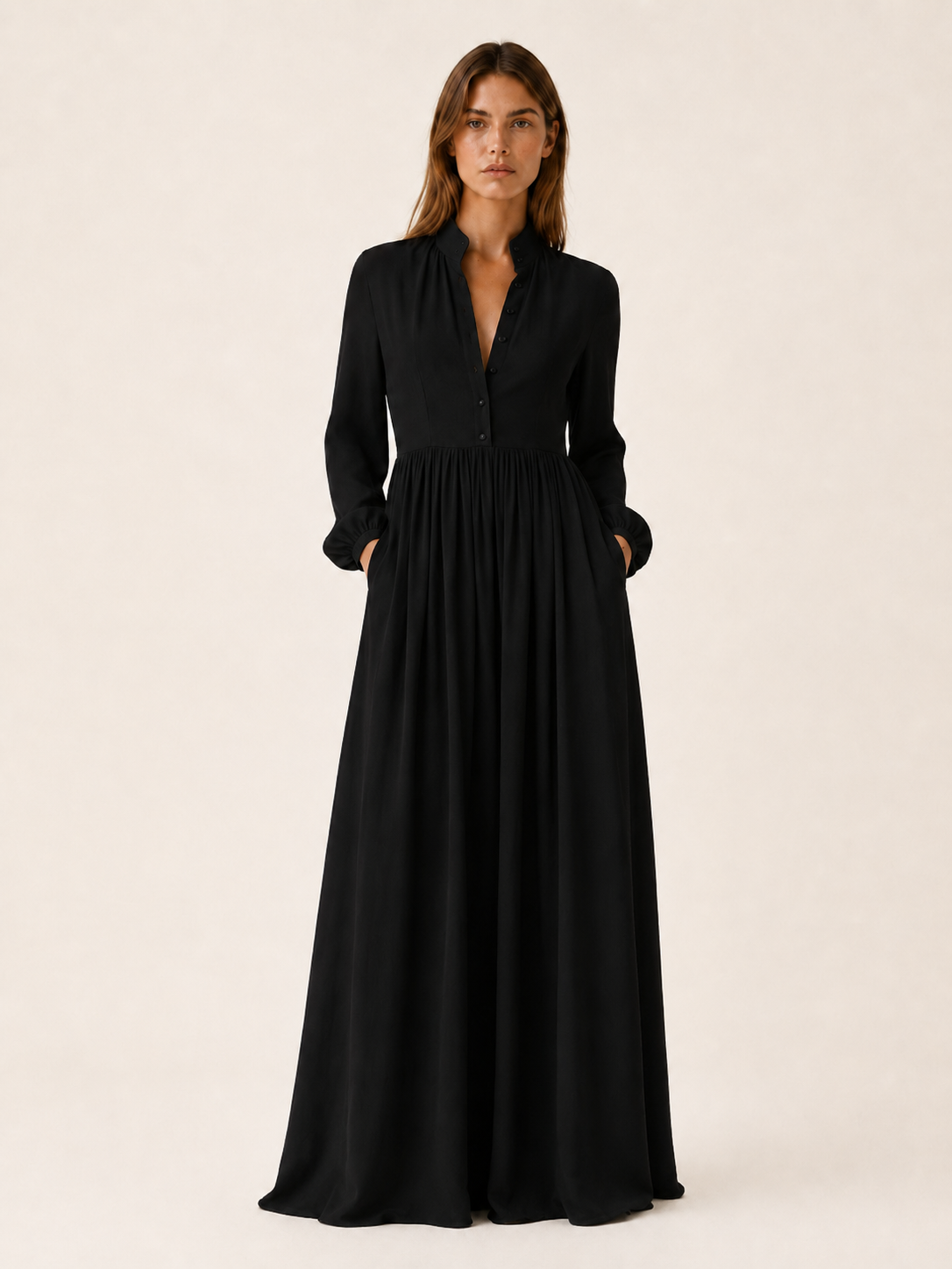 Arvenna | Button Front Maxi Dress with Long Sleeves and Pockets
