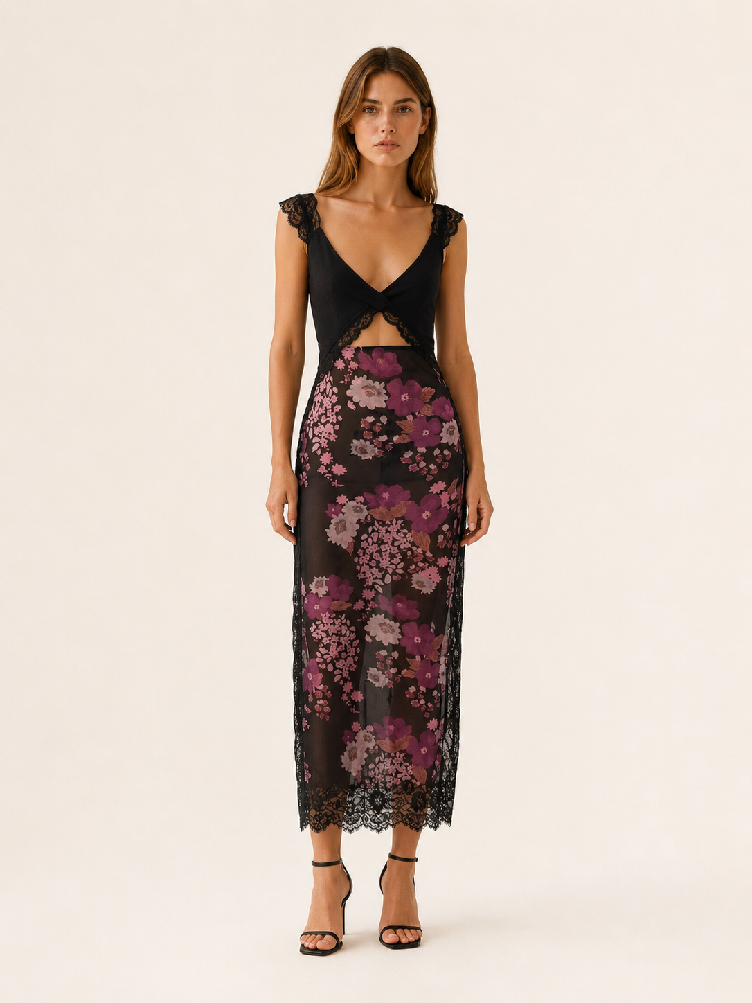 Asha | Floral Maxi Dress with Lace Bodice and Side Slit