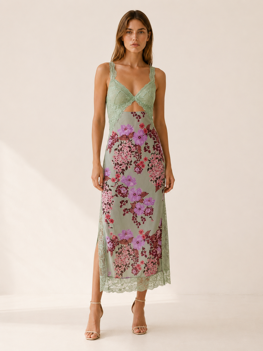 Asha | Floral Maxi Dress with Lace Bodice and Side Slit