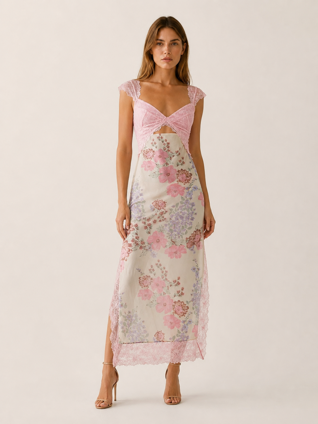 Asha | Floral Maxi Dress with Lace Bodice and Side Slit