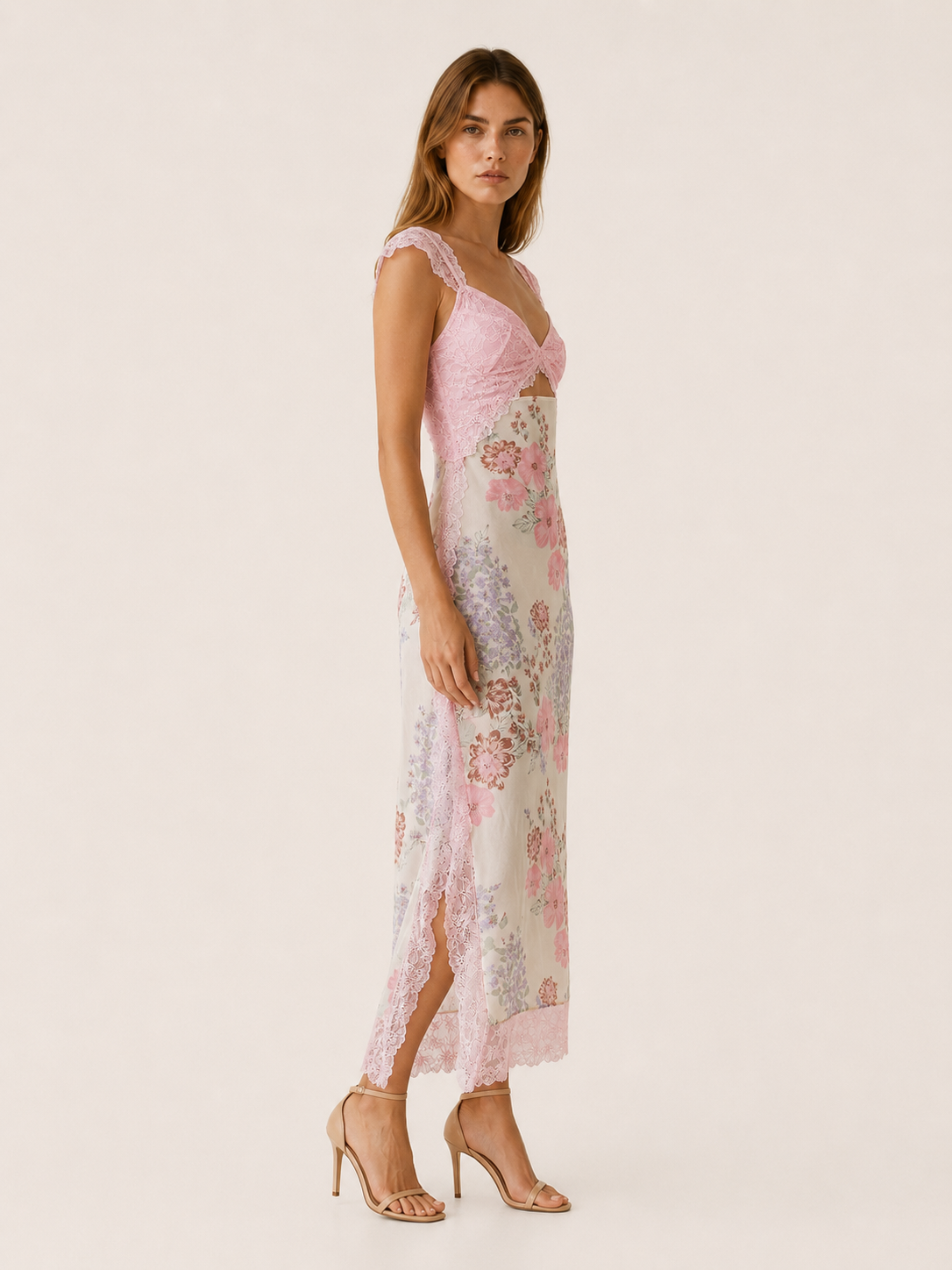Asha | Floral Maxi Dress with Lace Bodice and Side Slit