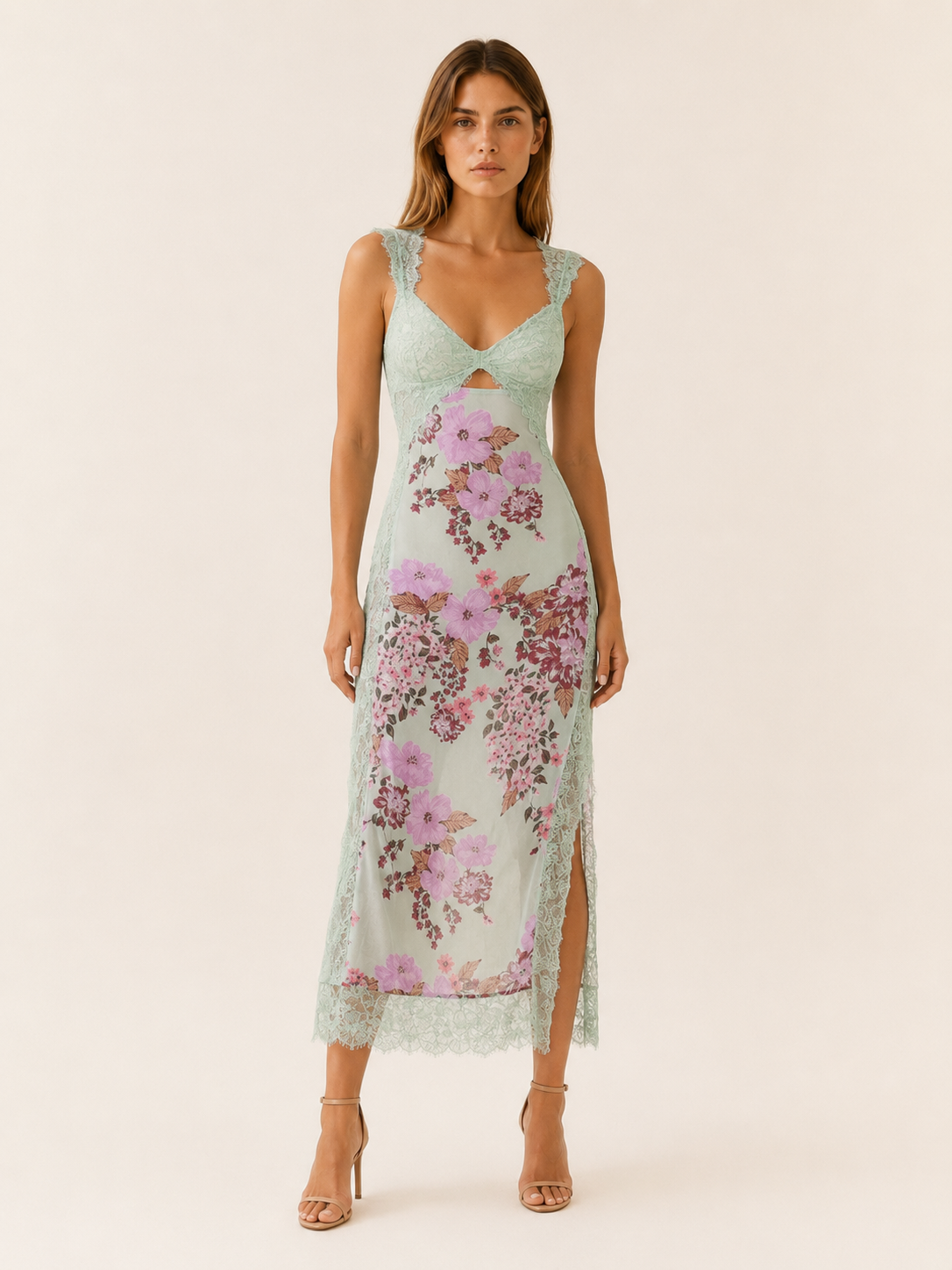Asha | Floral Maxi Dress with Lace Bodice and Side Slit