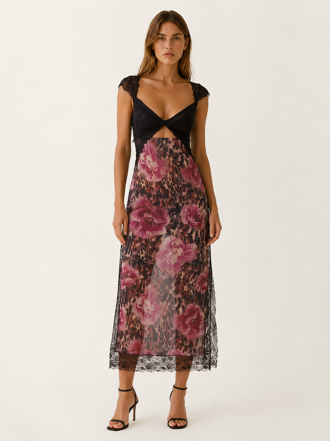 Asha | Floral Maxi Dress with Lace Bodice and Side Slit