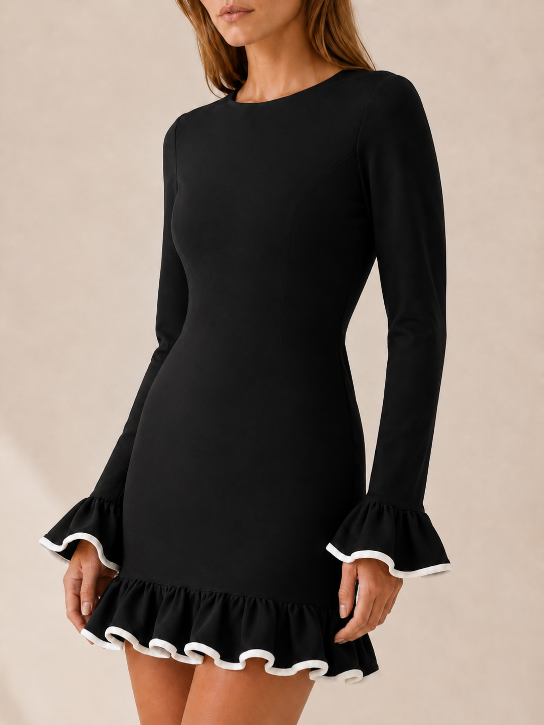 Ashby | Ruffle Mini Dress with Boat Neck Long Sleeves