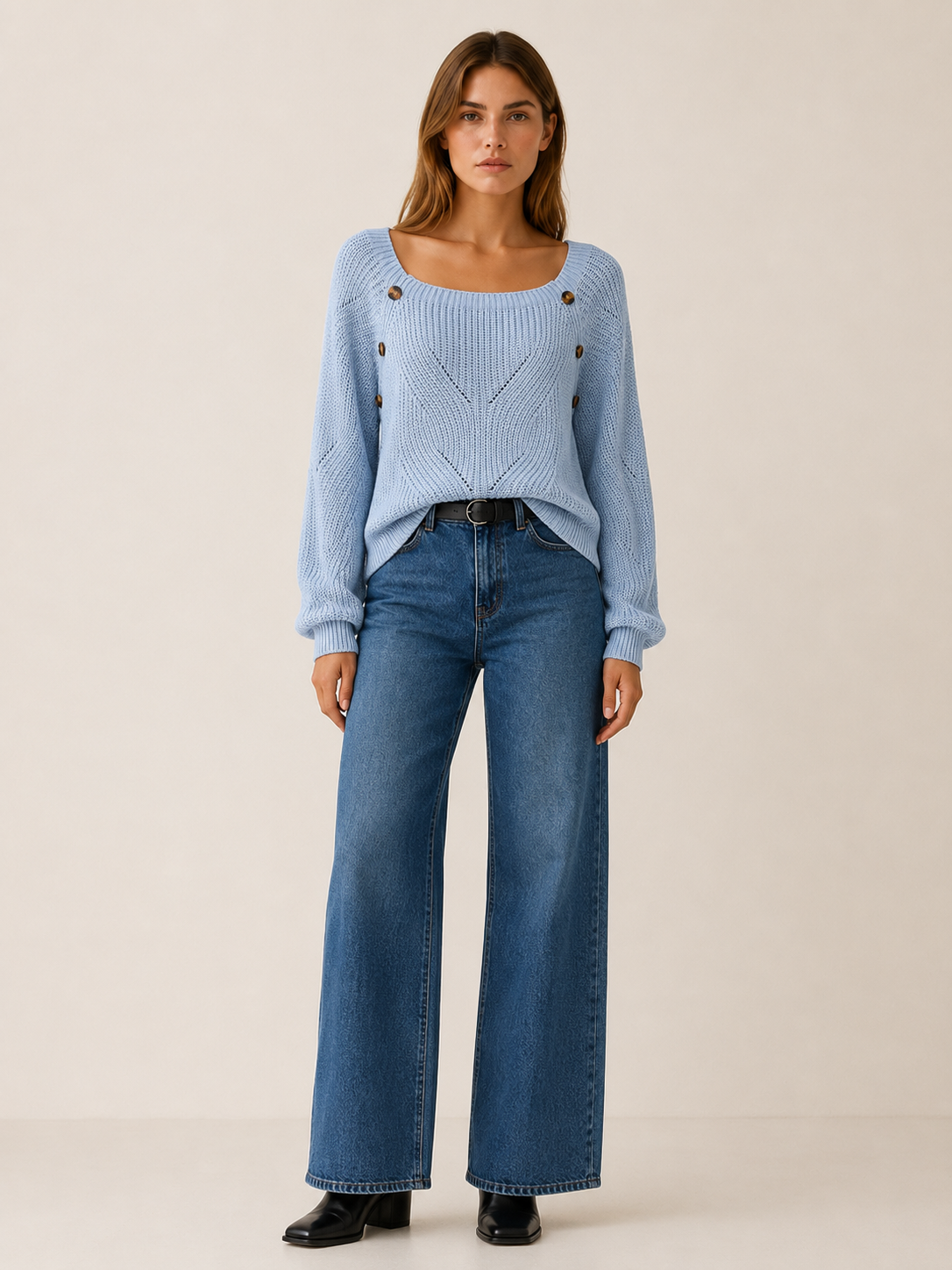 Asterine | Knit Sweater with Square Neck and Button Detail