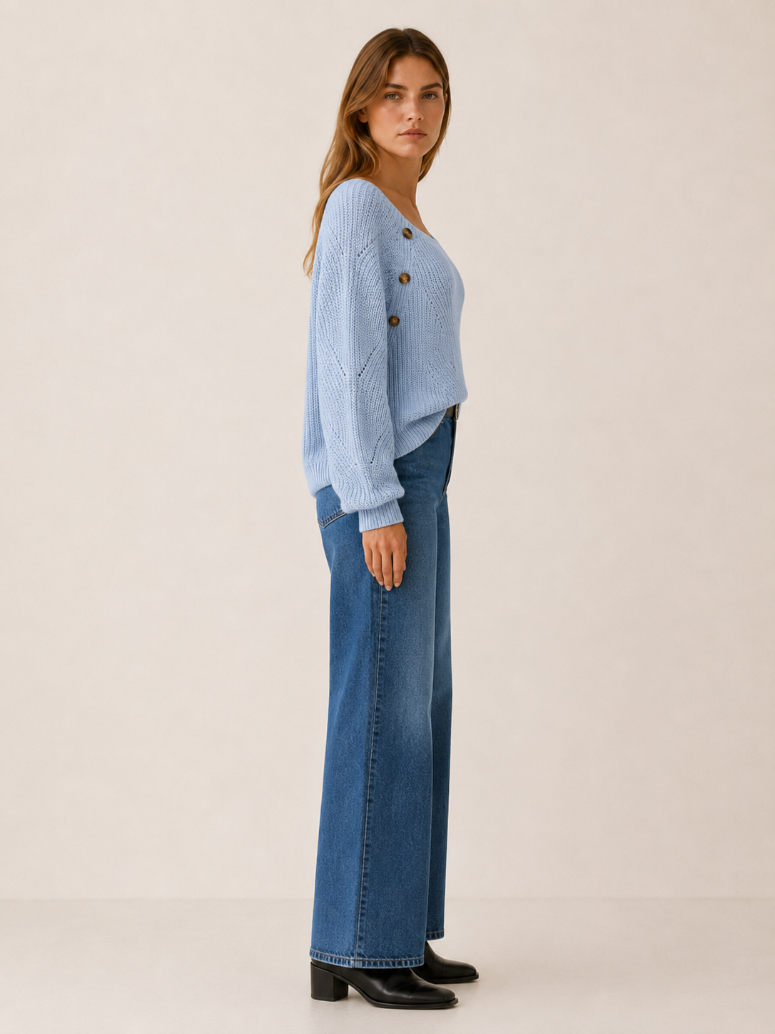 Asterine | Knit Sweater with Square Neck and Button Detail