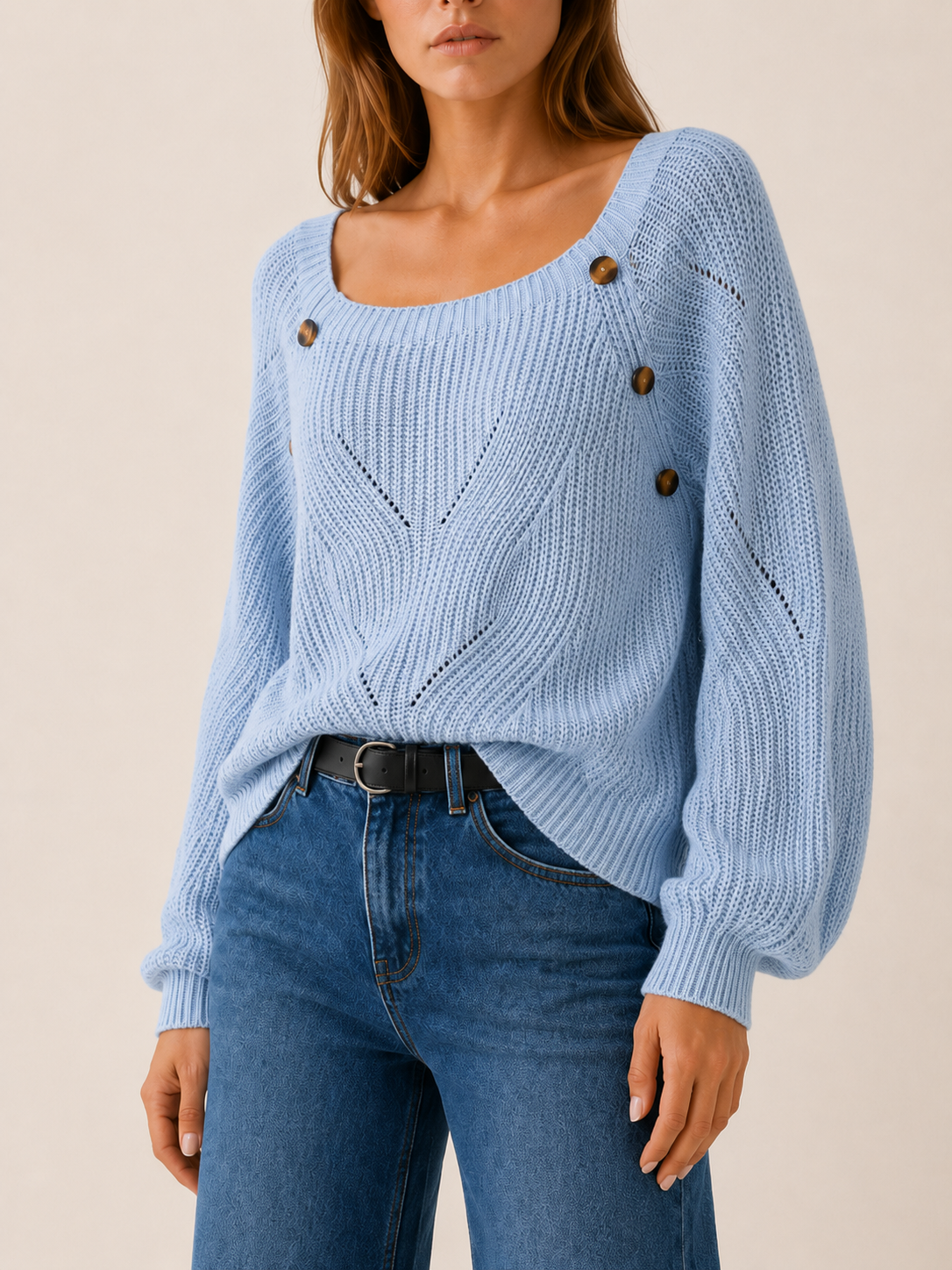 Asterine | Knit Sweater with Square Neck and Button Detail