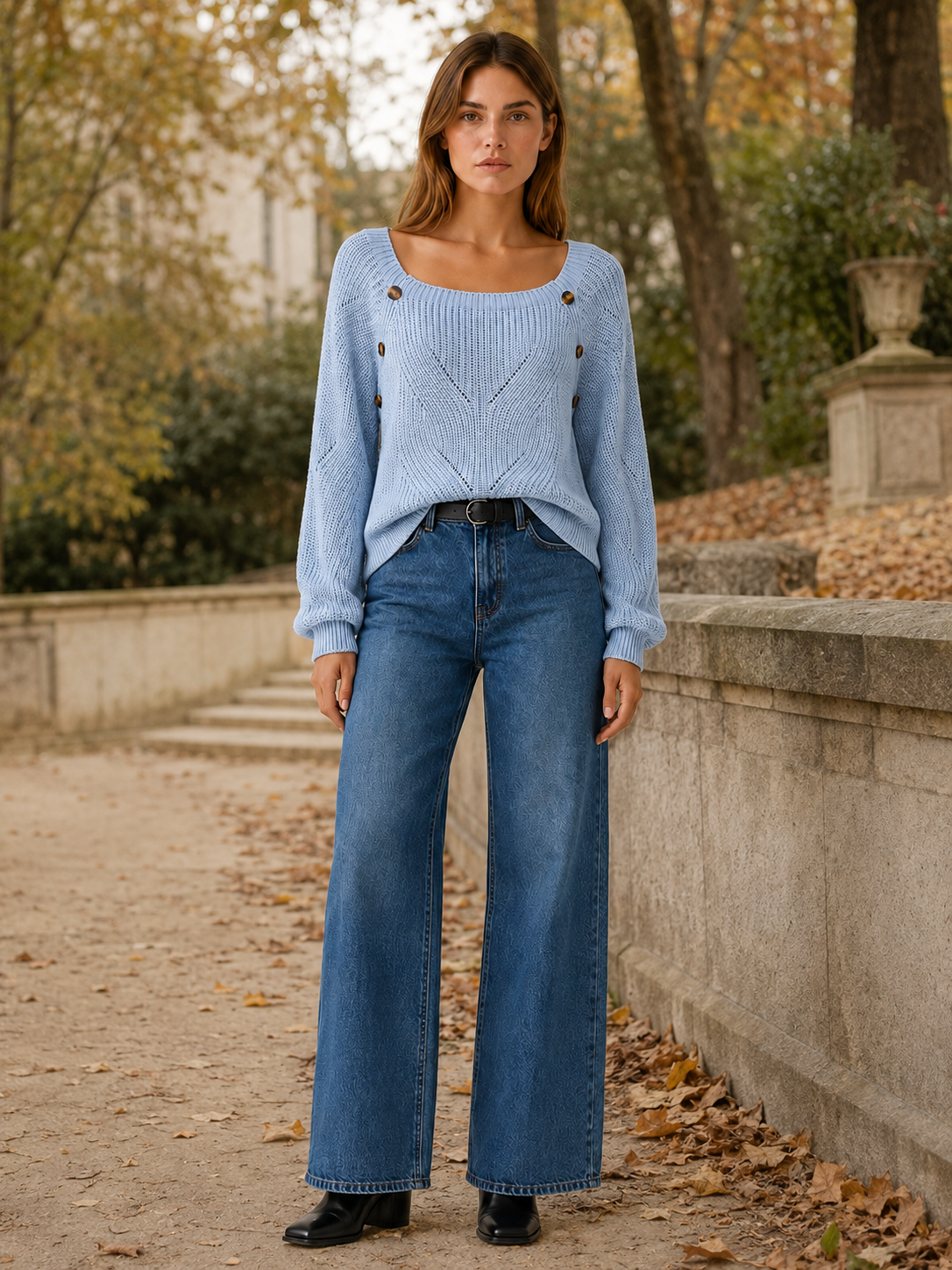 Asterine | Knit Sweater with Square Neck and Button Detail