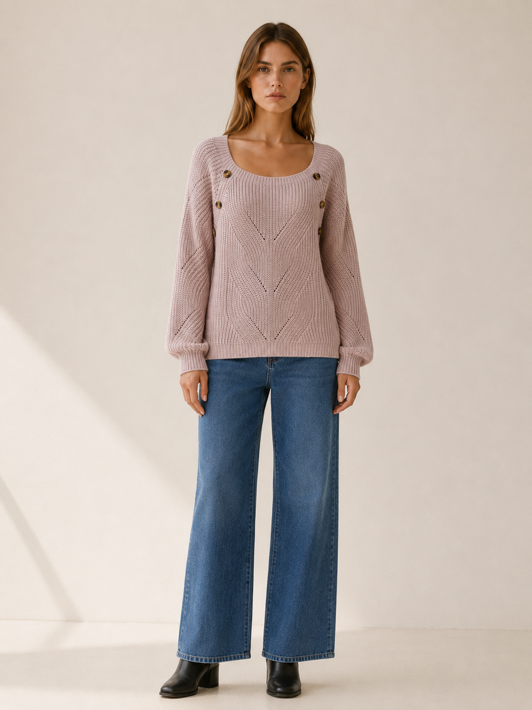 Asterine | Knit Sweater with Square Neck and Button Detail