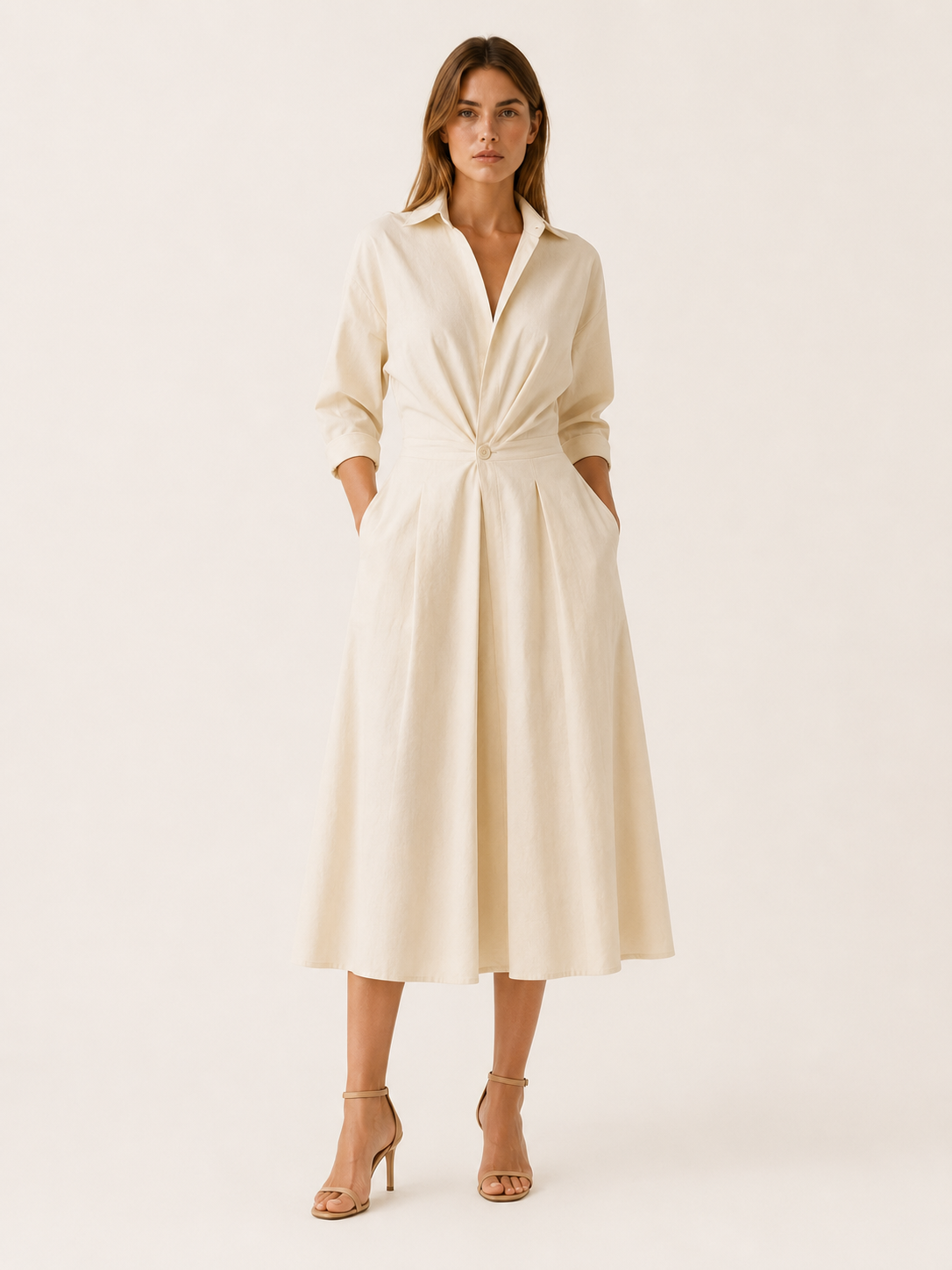 Aubrey | A-Line Midi Dress with Cinched Waist Shirt Collar