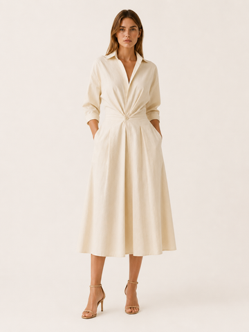 Aubrey | A-Line Midi Dress with Cinched Waist Shirt Collar