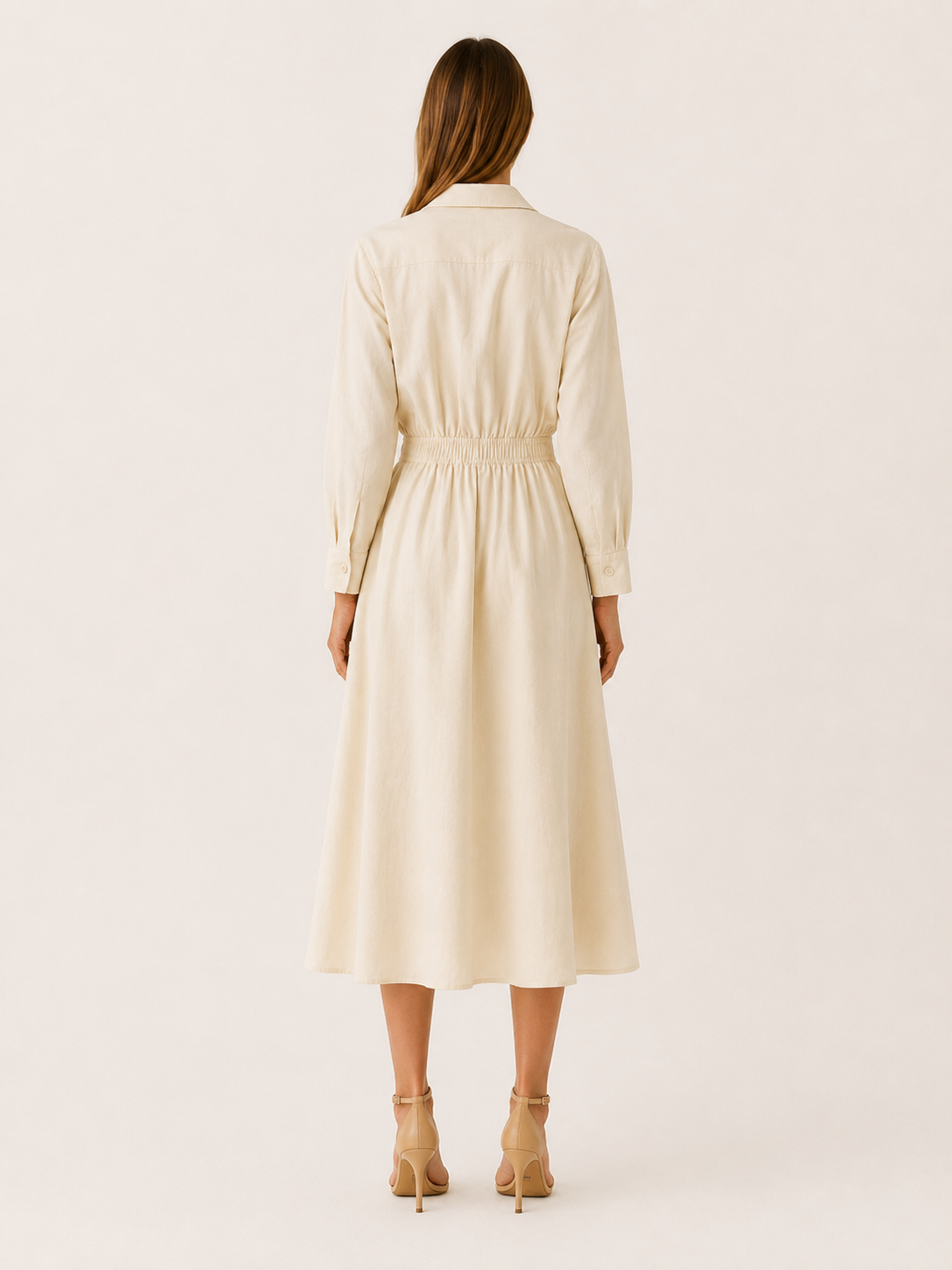 Aubrey | A-Line Midi Dress with Cinched Waist Shirt Collar