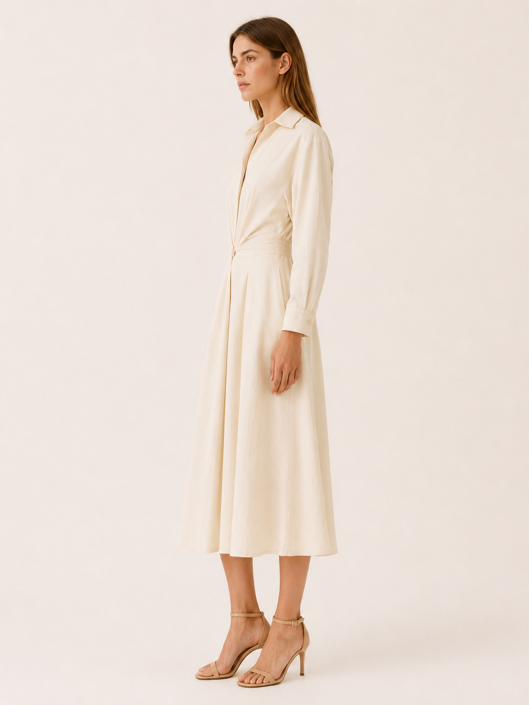 Aubrey | A-Line Midi Dress with Cinched Waist Shirt Collar