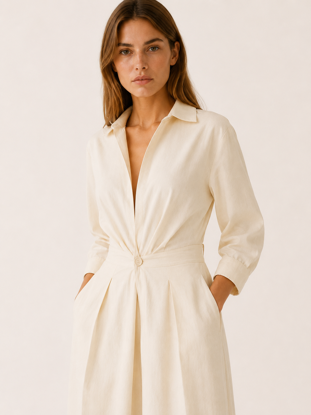 Aubrey | A-Line Midi Dress with Cinched Waist Shirt Collar