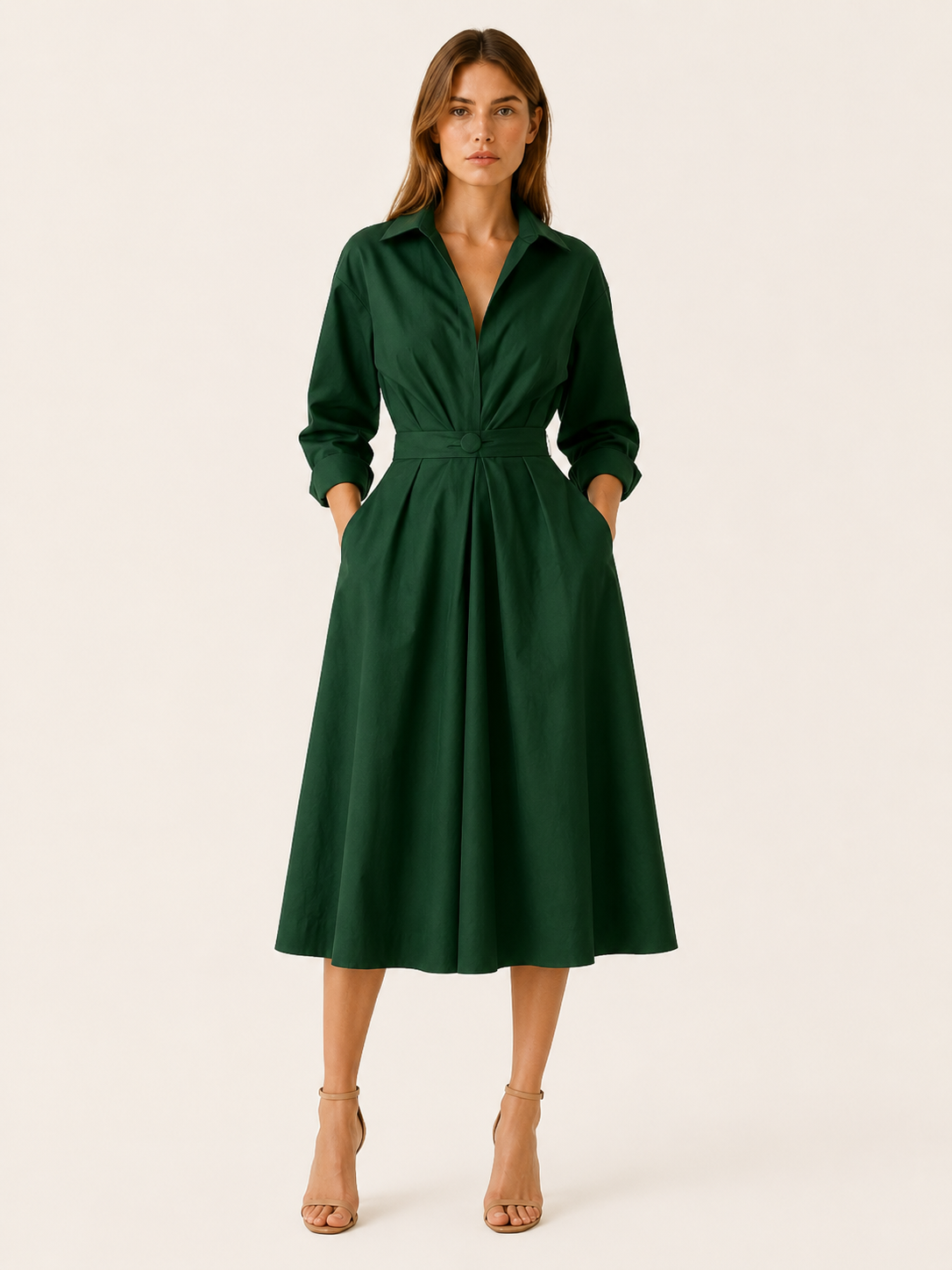 Aubrey | A-Line Midi Dress with Cinched Waist Shirt Collar