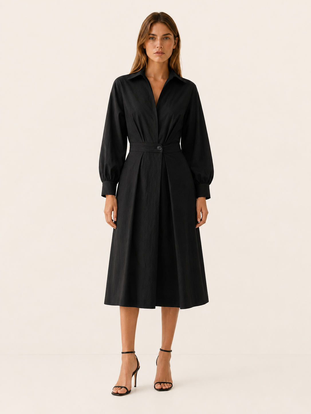 Aubrey | A-Line Midi Dress with Cinched Waist Shirt Collar