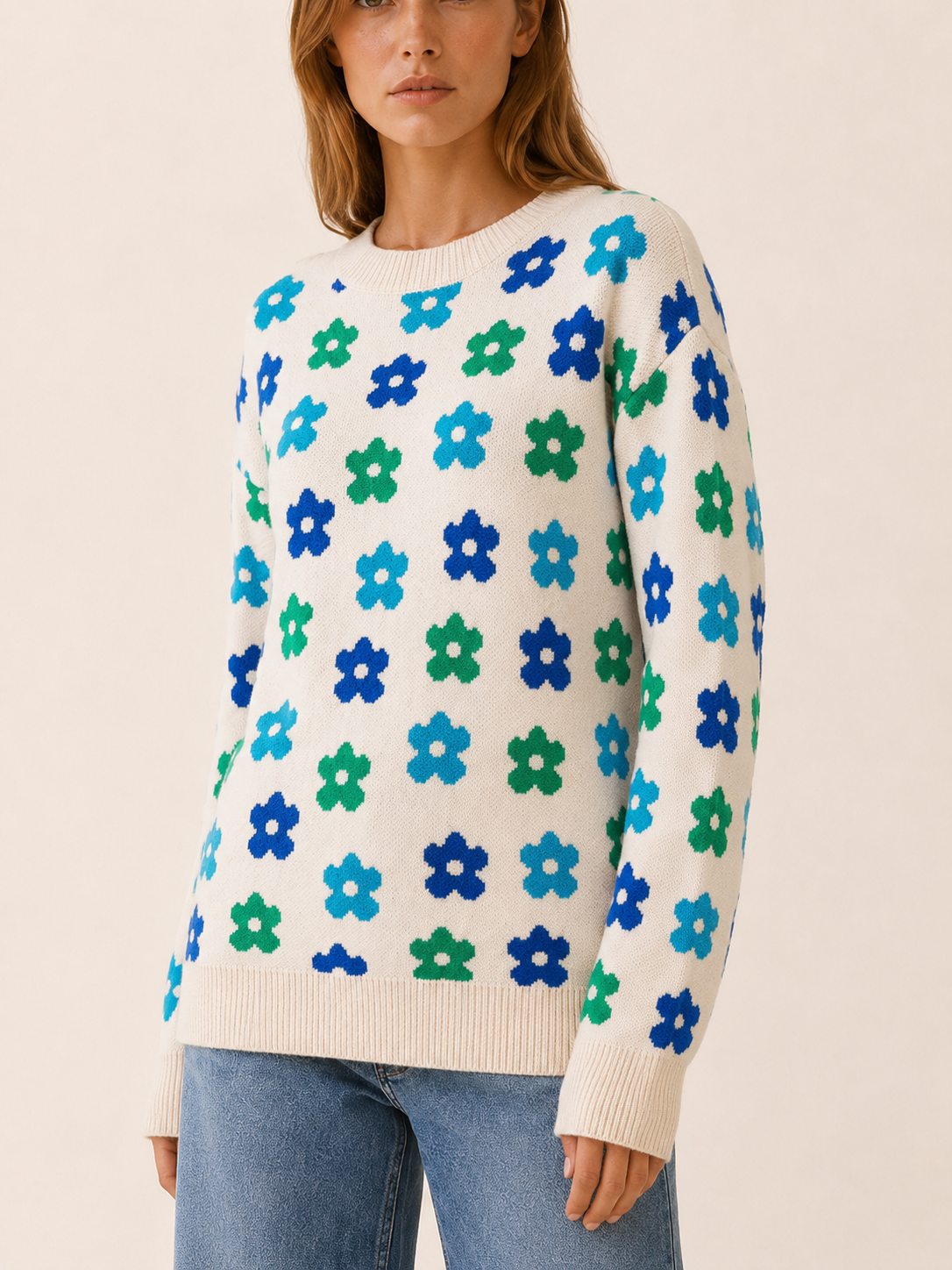 Aurembia | Floral Jumper with Crew Neck and Relaxed Fit