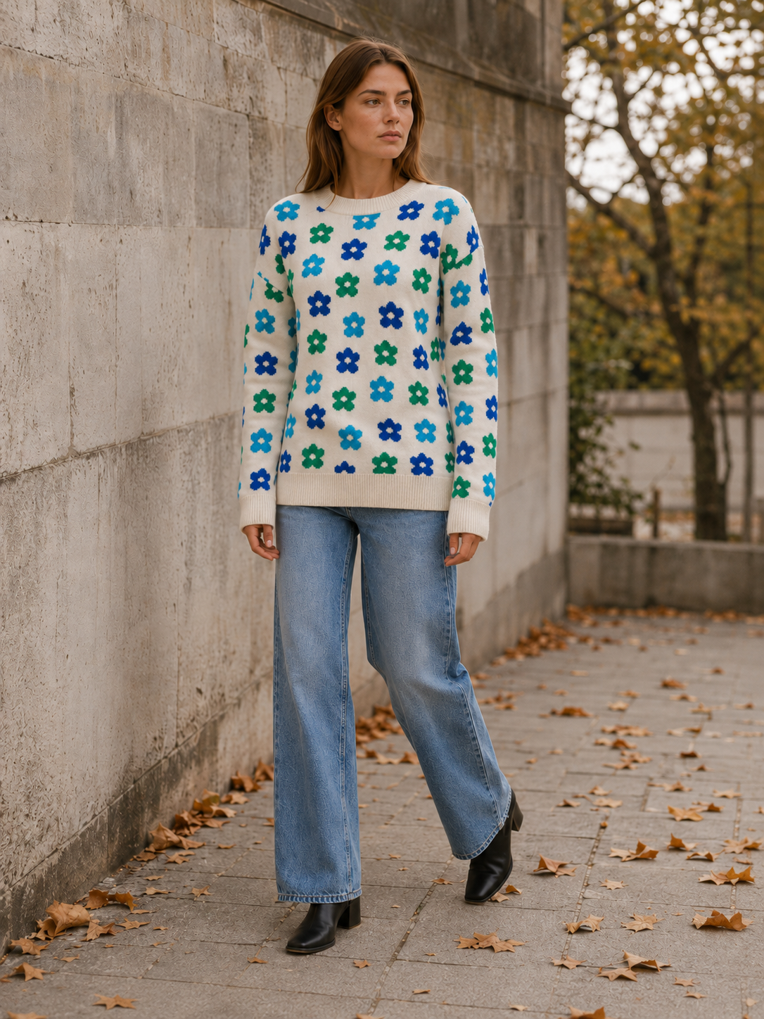 Aurembia | Floral Jumper with Crew Neck and Relaxed Fit