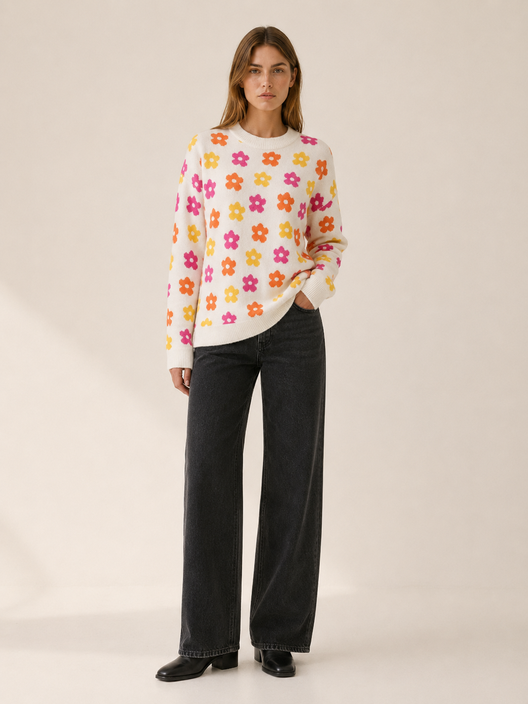 Aurembia | Floral Jumper with Crew Neck and Relaxed Fit