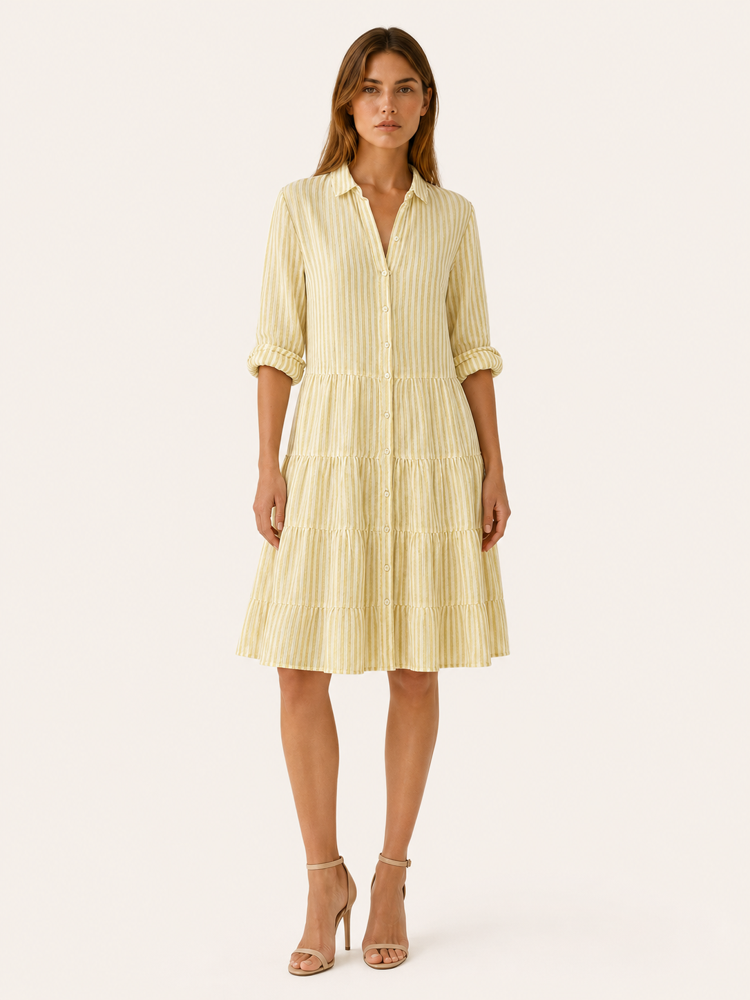 Aven | Linen Mini Dress with Striped Button-Down Shirt Detail