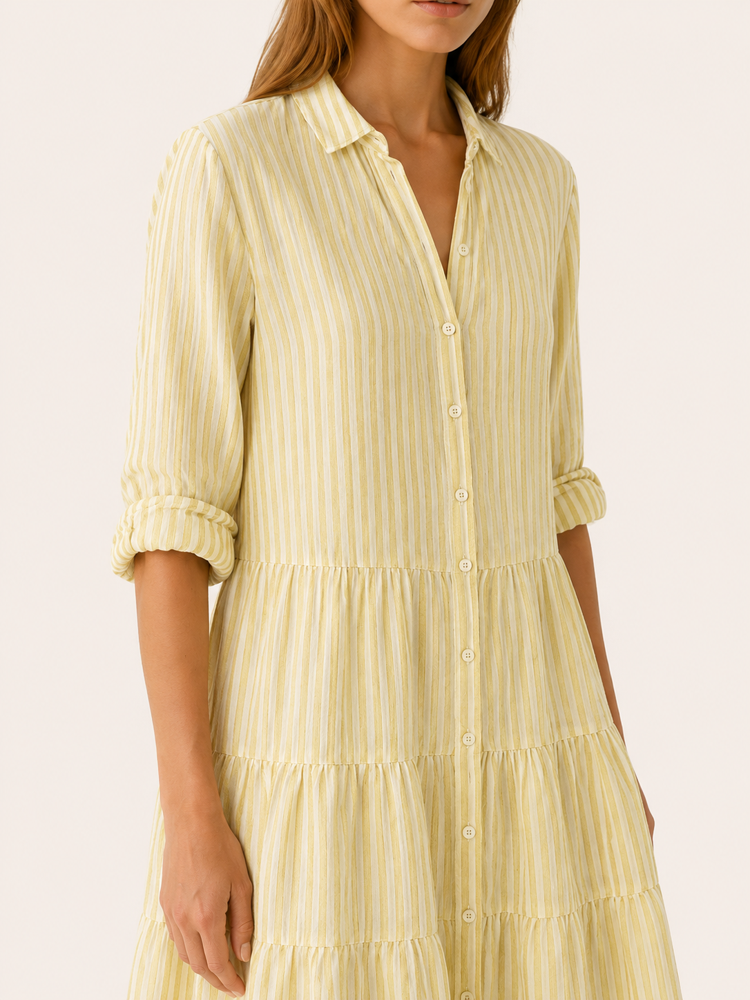Aven | Linen Mini Dress with Striped Button-Down Shirt Detail