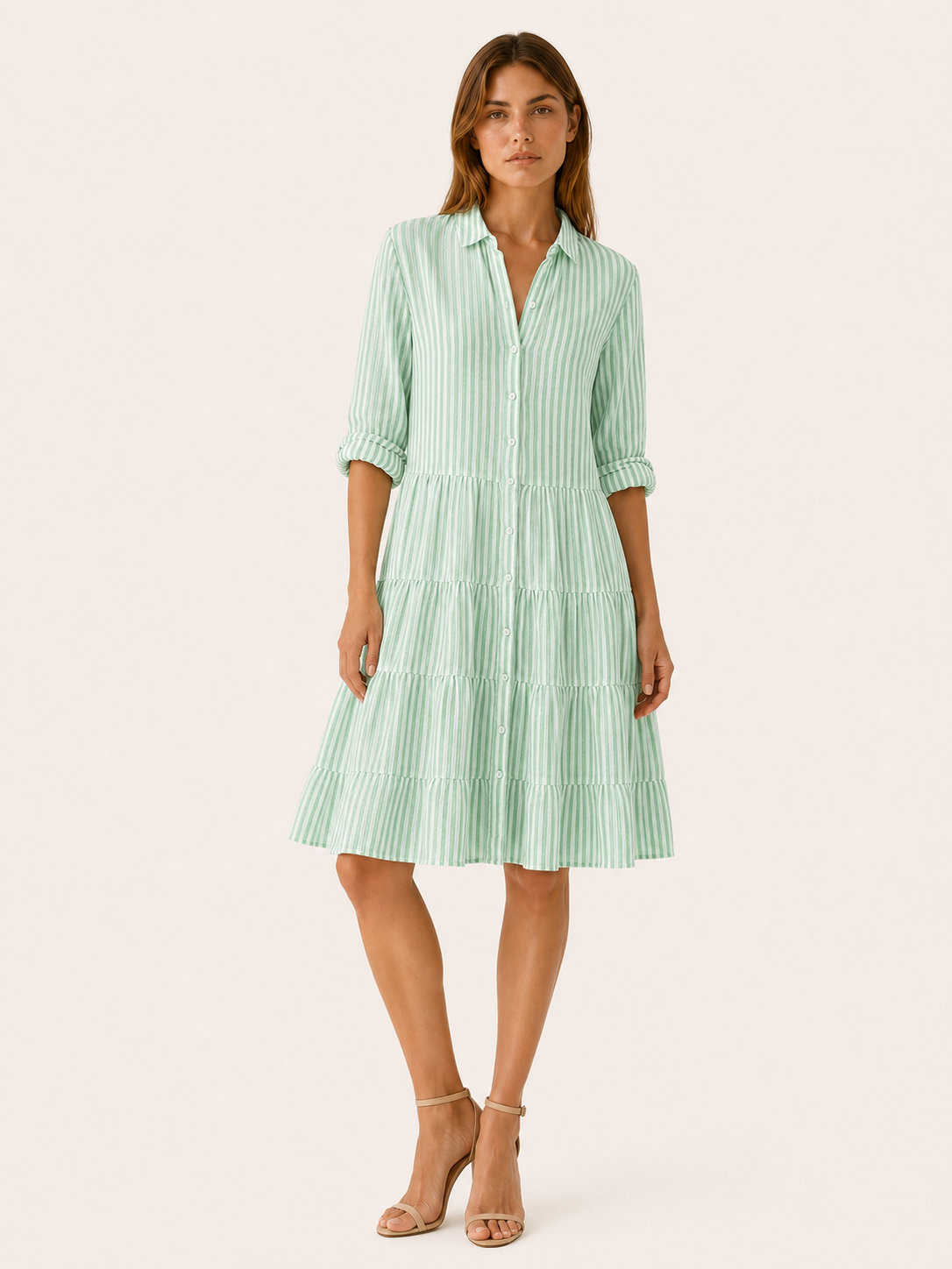 Aven | Linen Mini Dress with Striped Button-Down Shirt Detail