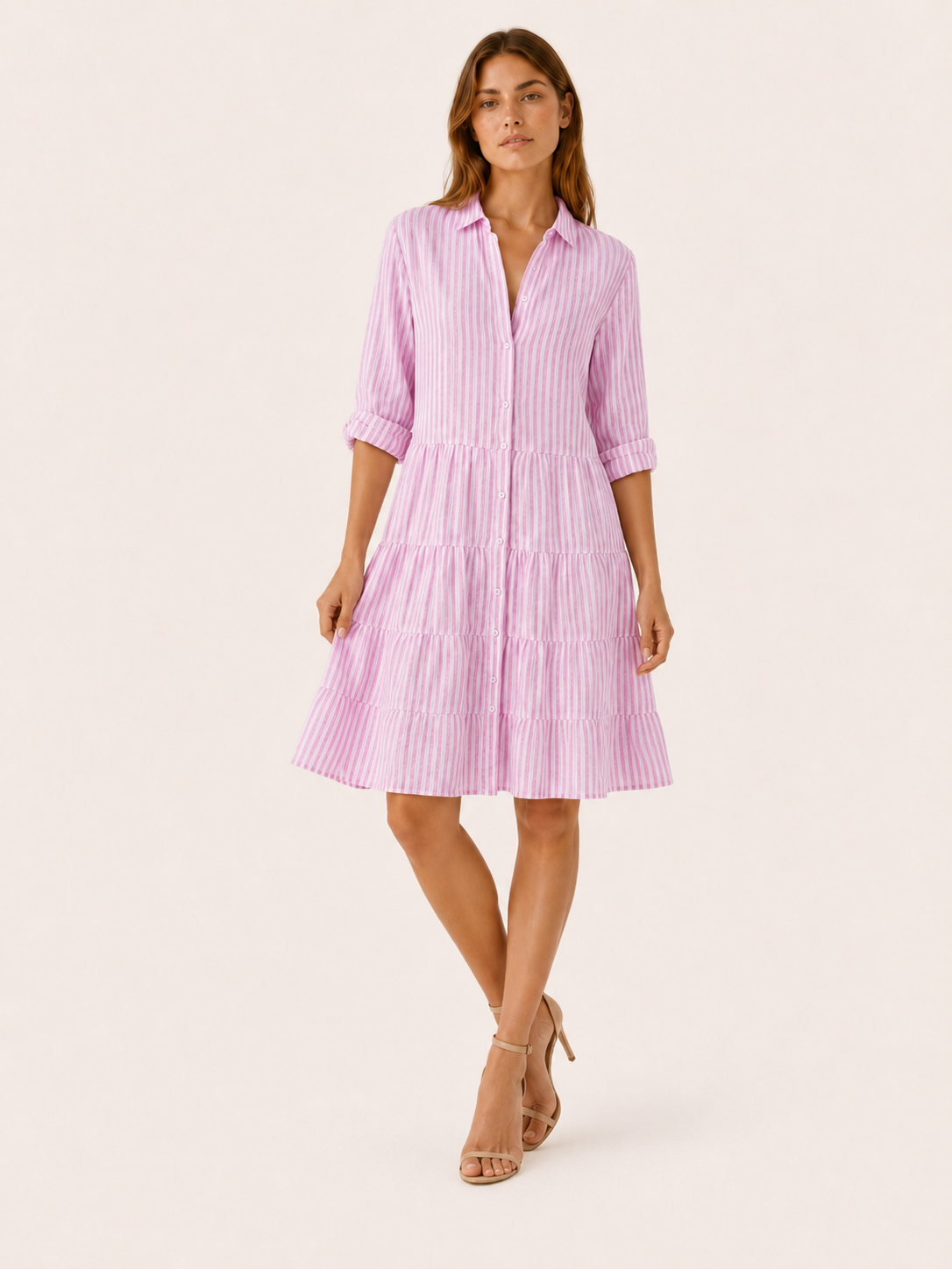 Aven | Linen Mini Dress with Striped Button-Down Shirt Detail