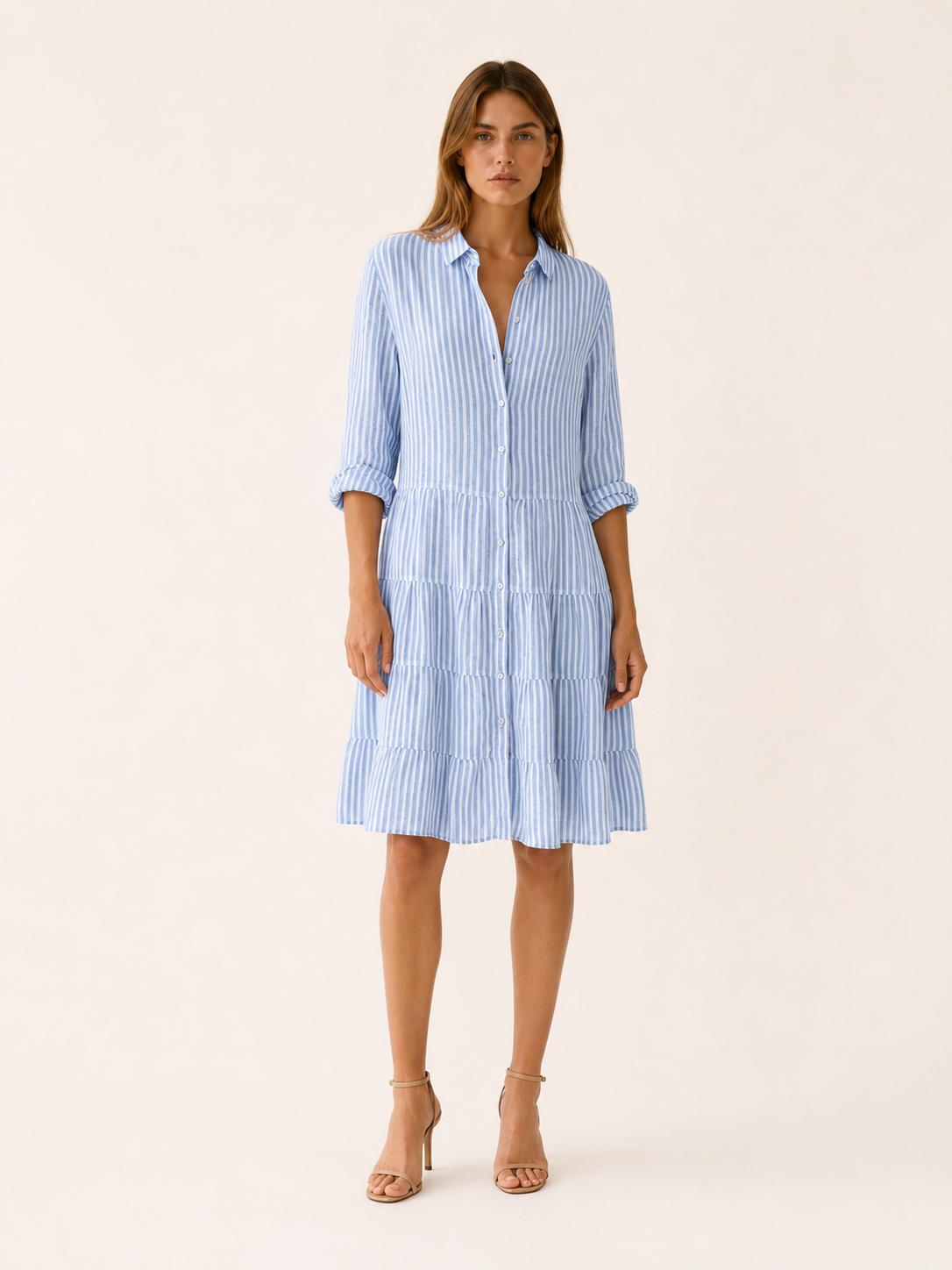 Aven | Linen Mini Dress with Striped Button-Down Shirt Detail