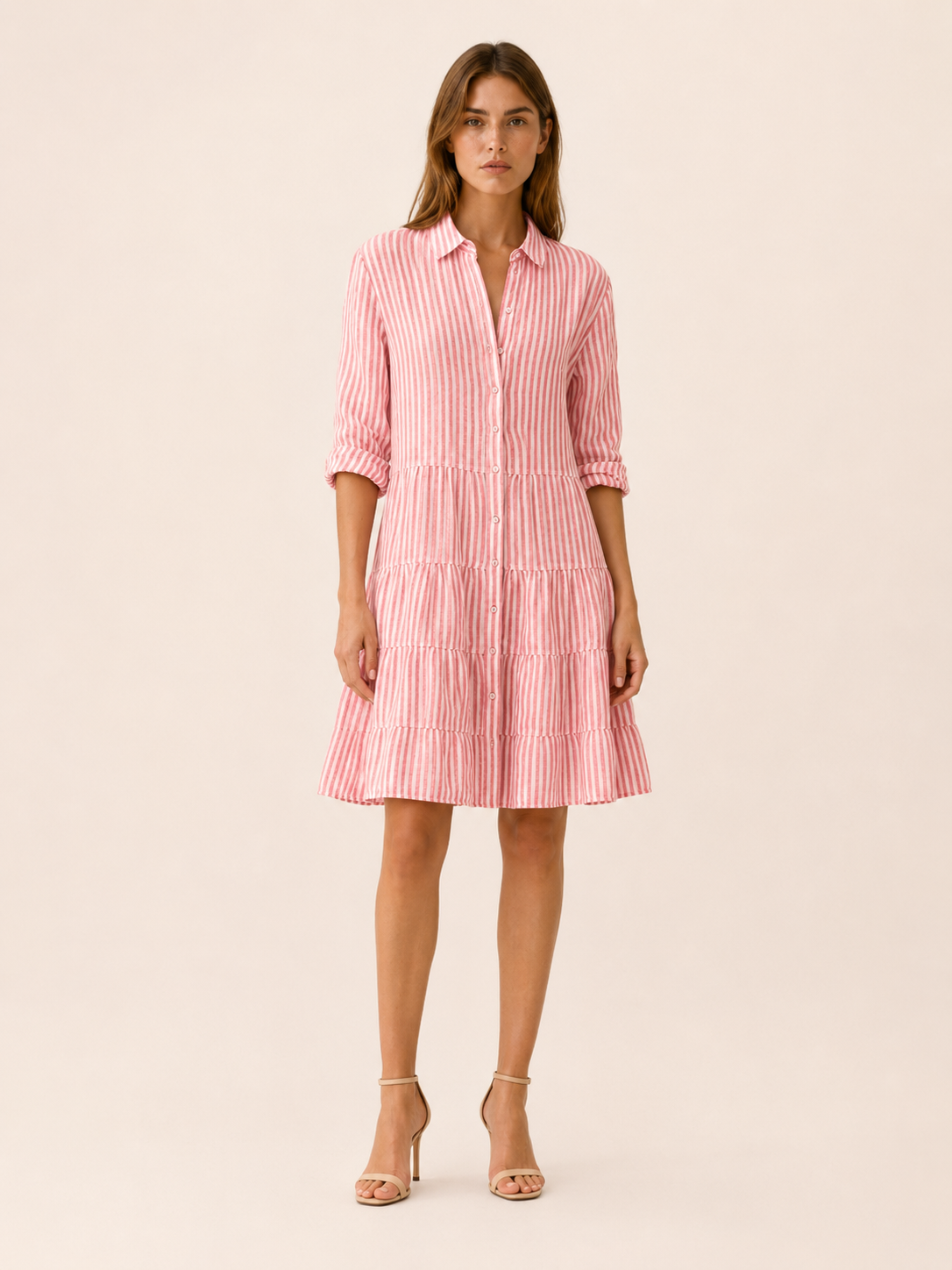 Aven | Linen Mini Dress with Striped Button-Down Shirt Detail