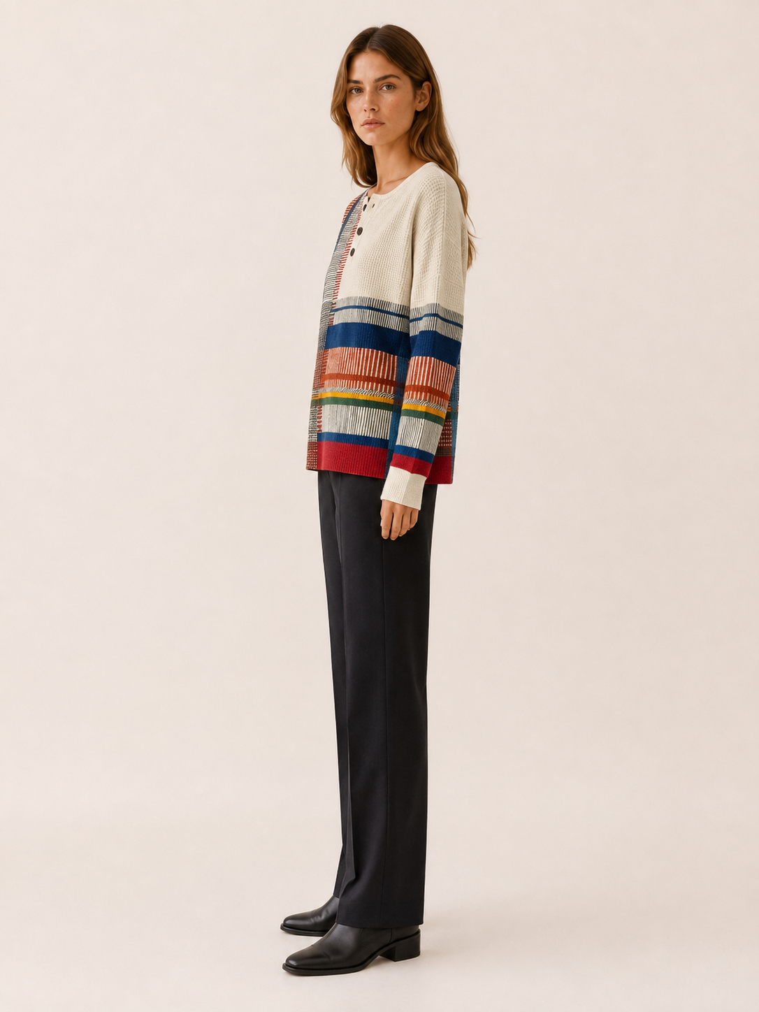 Avenisse | Women's Geometric Button Neck Jumper