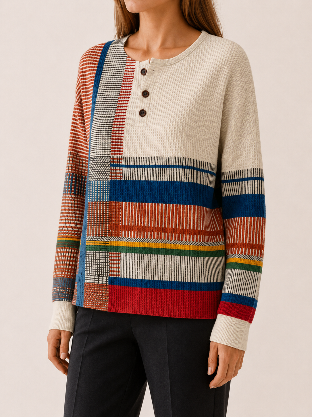 Avenisse | Women's Geometric Button Neck Jumper