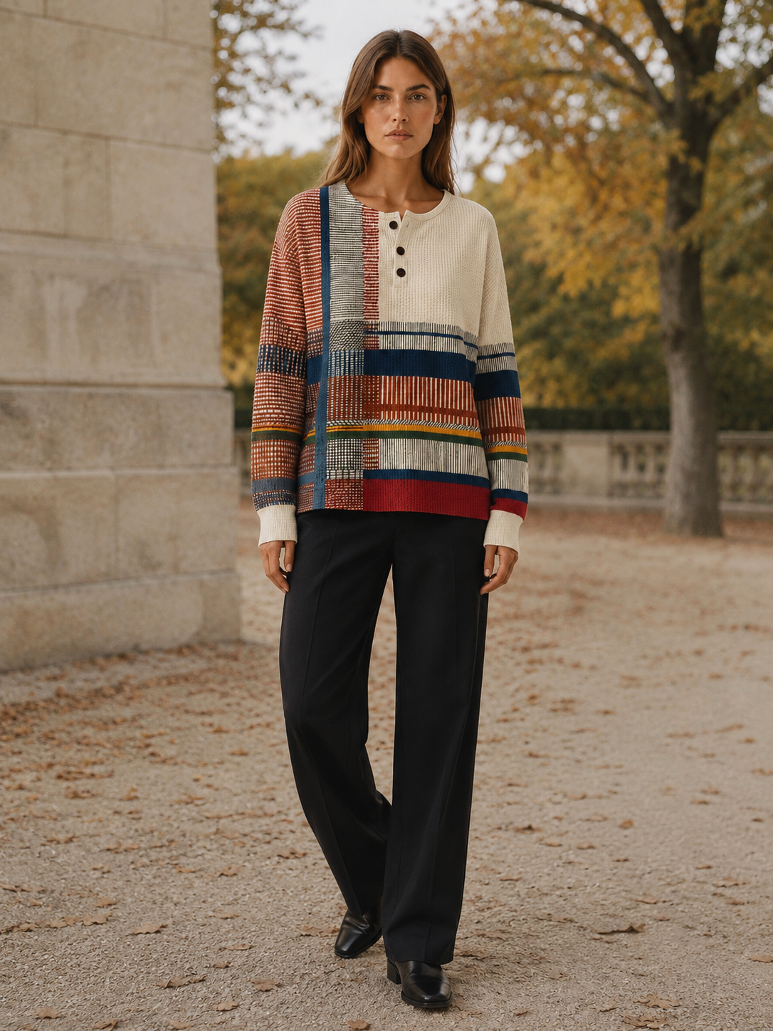 Avenisse | Women's Geometric Button Neck Jumper