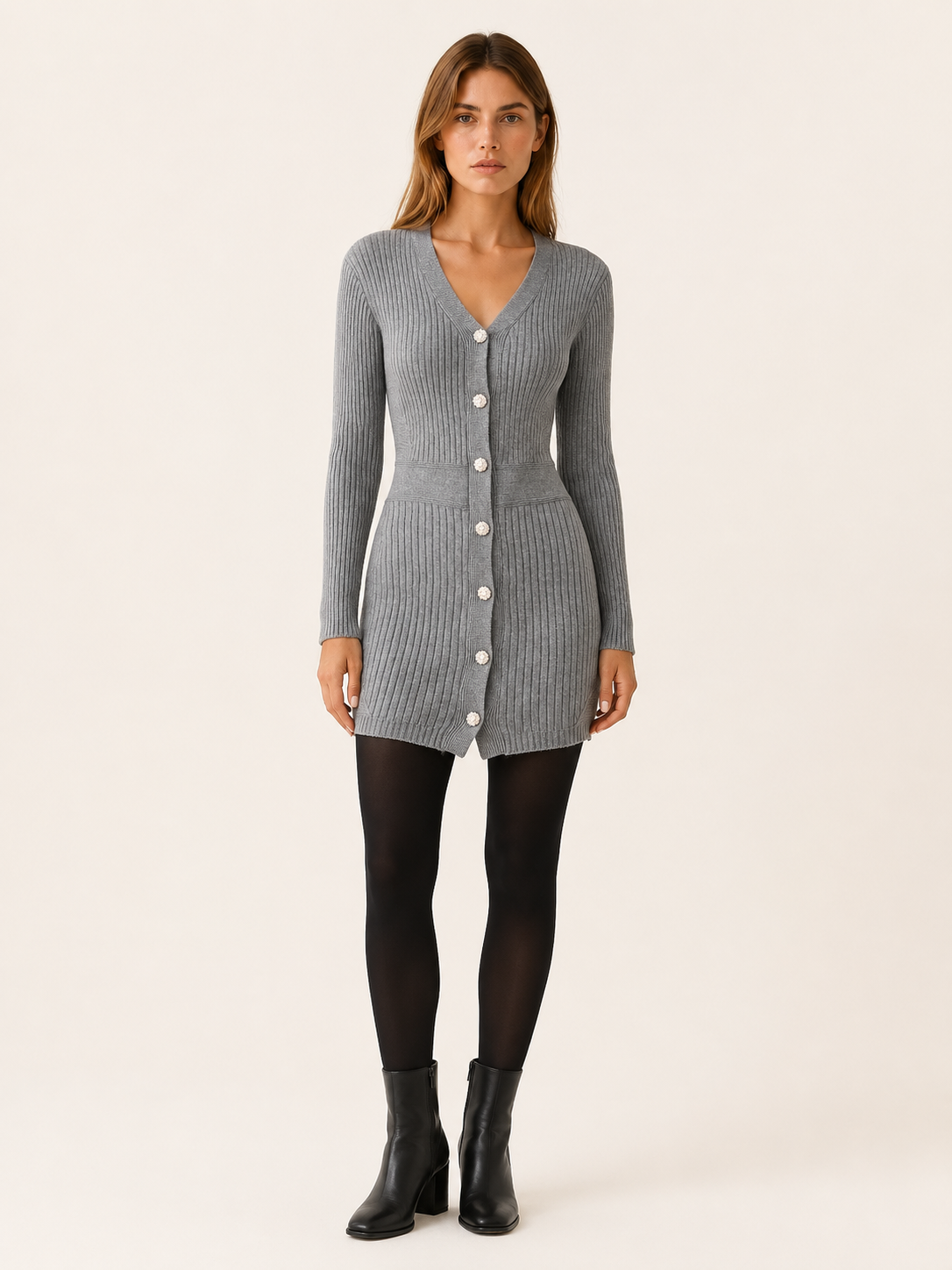 Avenora | Sweater Dress with Button Front and V-Neck