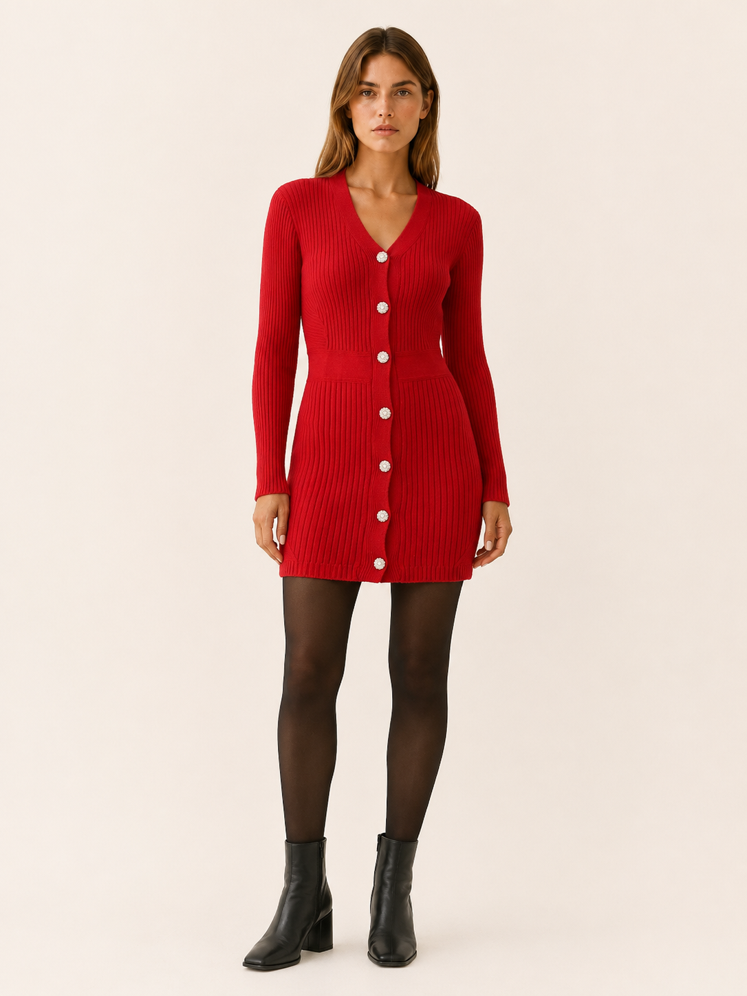 Avenora | Sweater Dress with Button Front and V-Neck