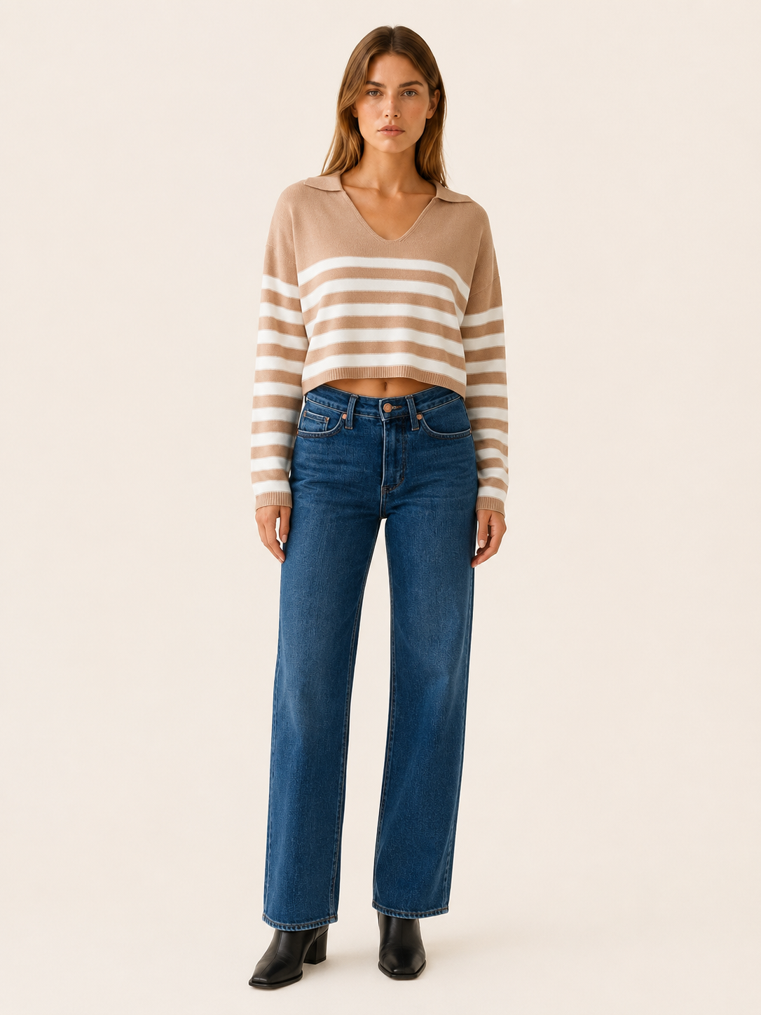 Averique | V Neck Sweater with Striped Design and Open Collar