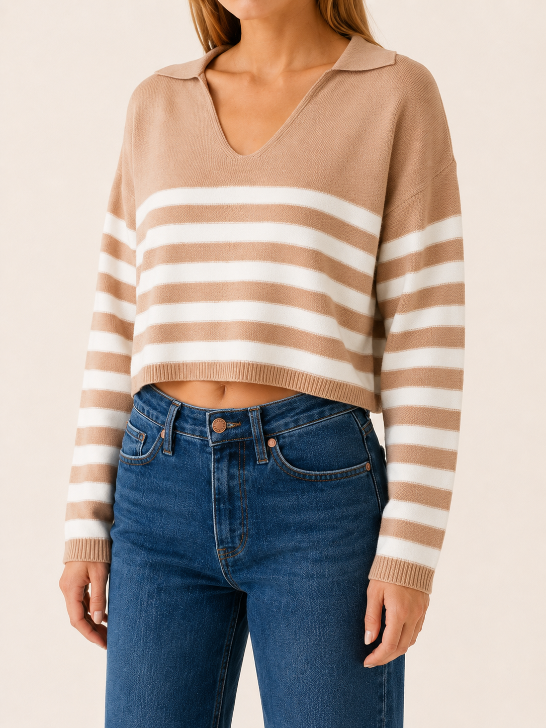 Averique | V Neck Sweater with Striped Design and Open Collar