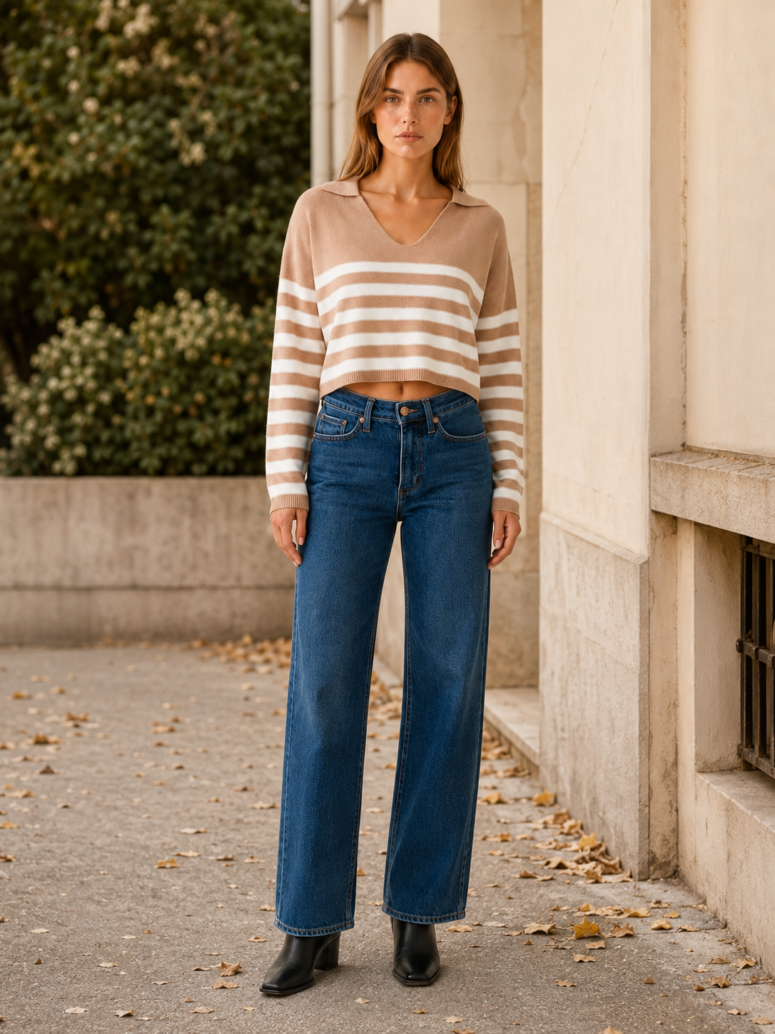 Averique | V Neck Sweater with Striped Design and Open Collar