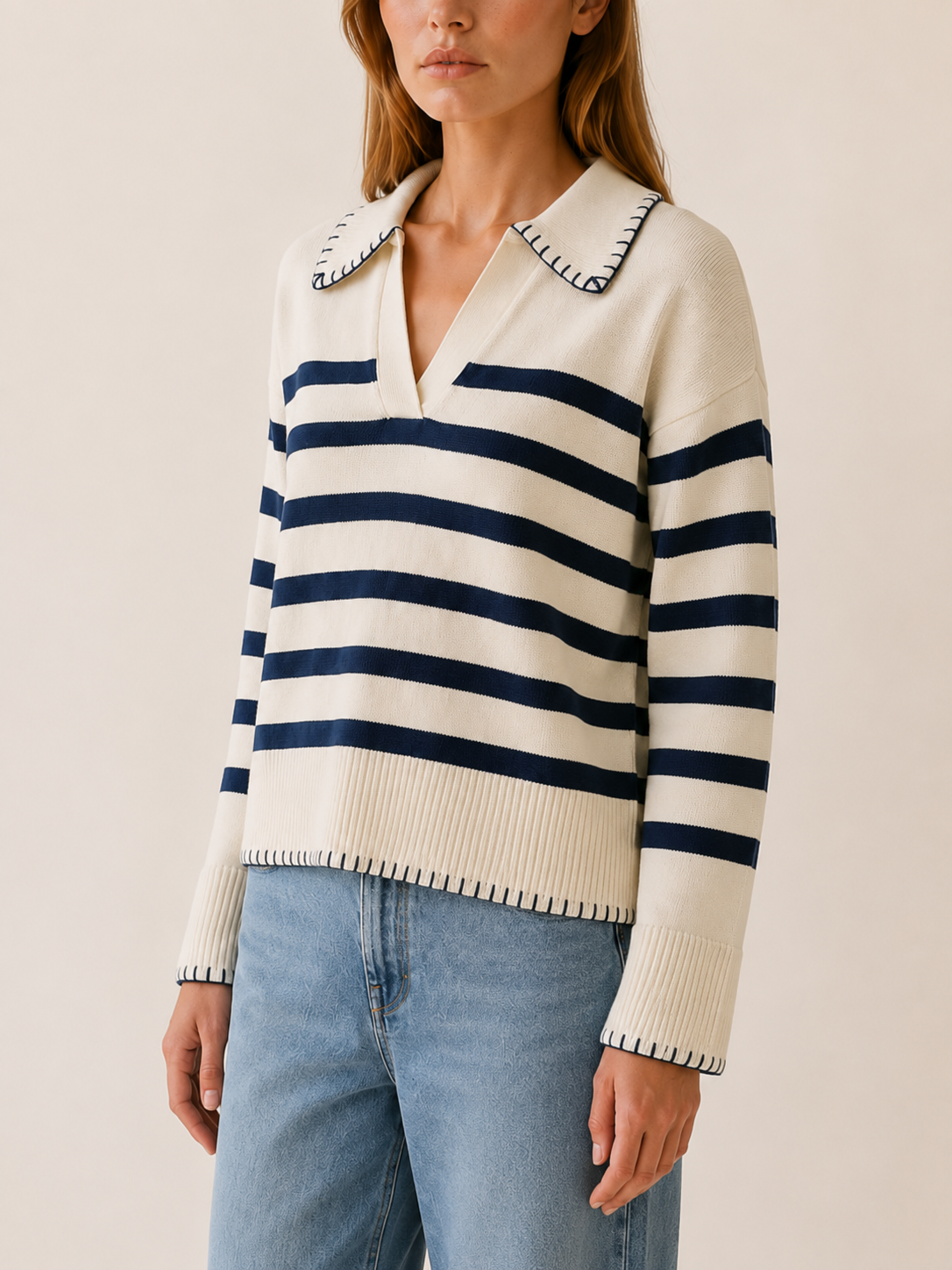 Belvanna | Polo Sweater with Striped Design and Contrast Stitching