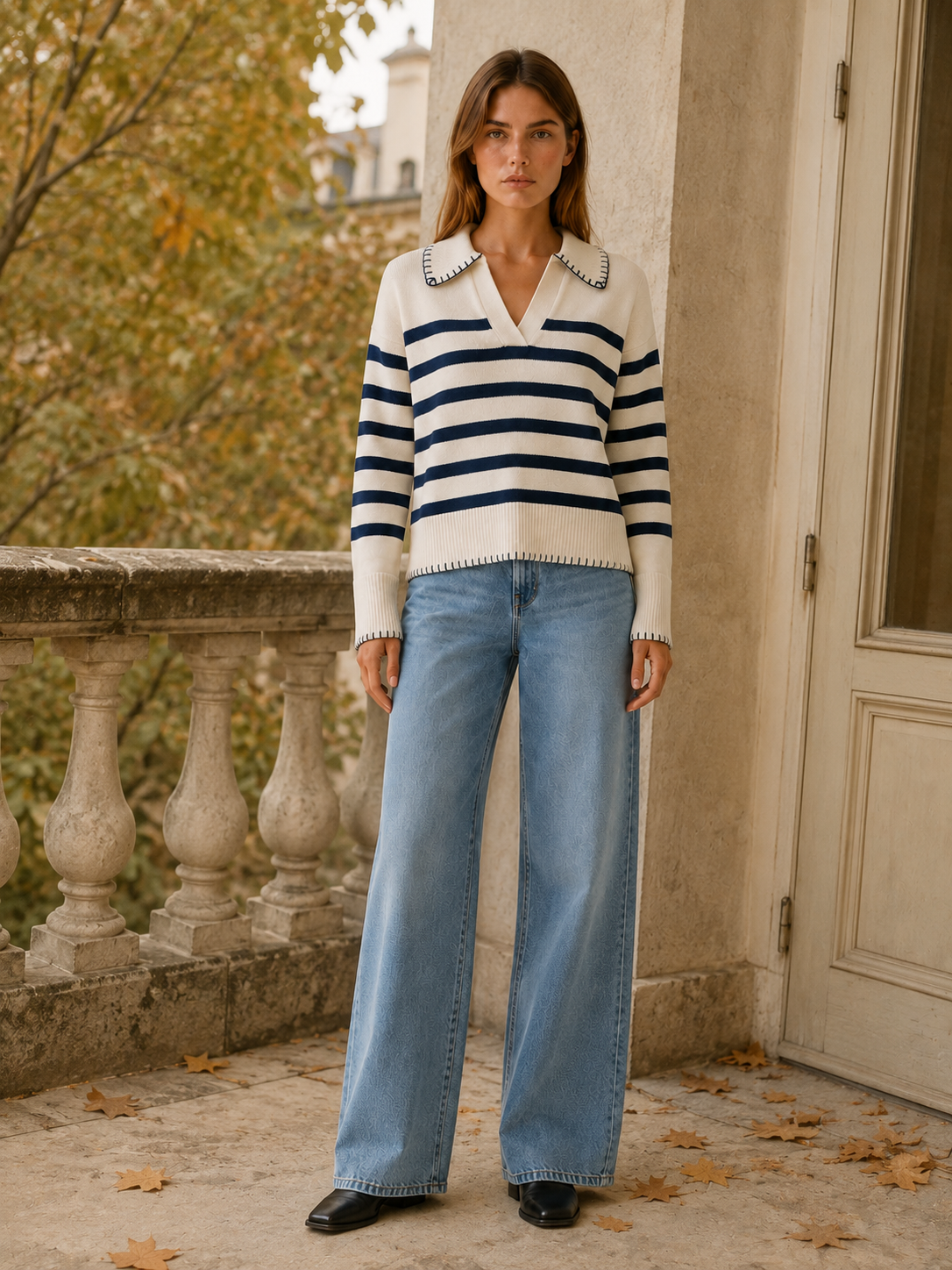 Belvanna | Polo Sweater with Striped Design and Contrast Stitching