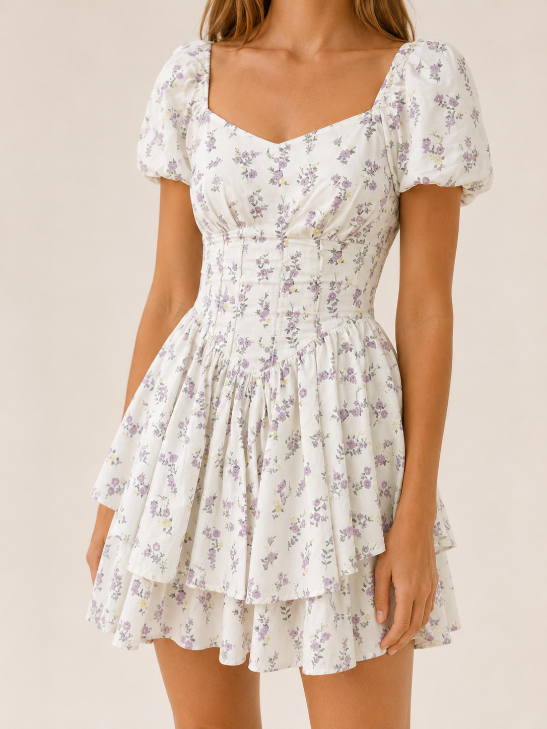Bexley | Floral Mini Dress with Corset Waist Puff Sleeve Dress