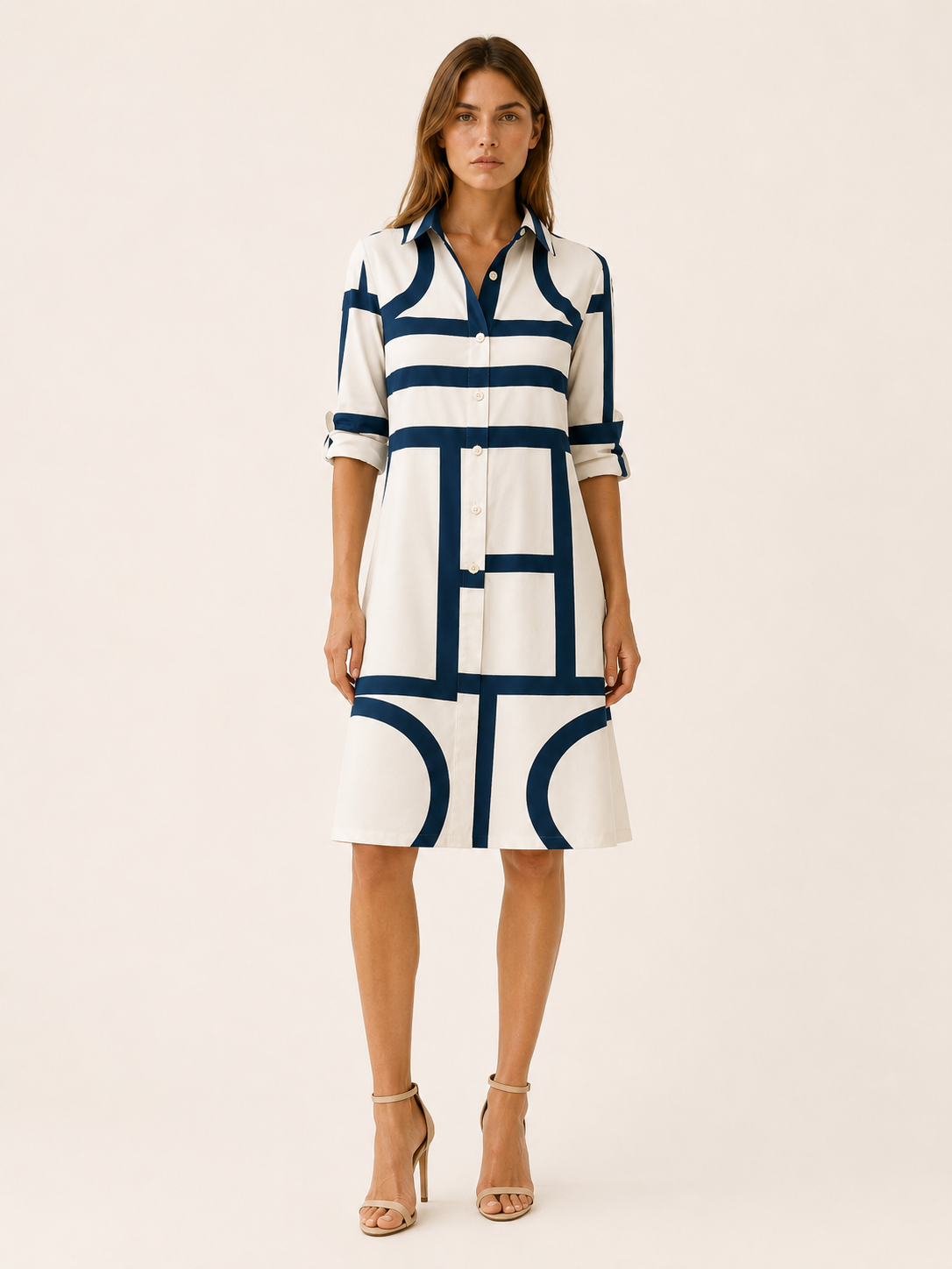 Blaire | Geometric Midi Dress with Shirt Collar Button Front