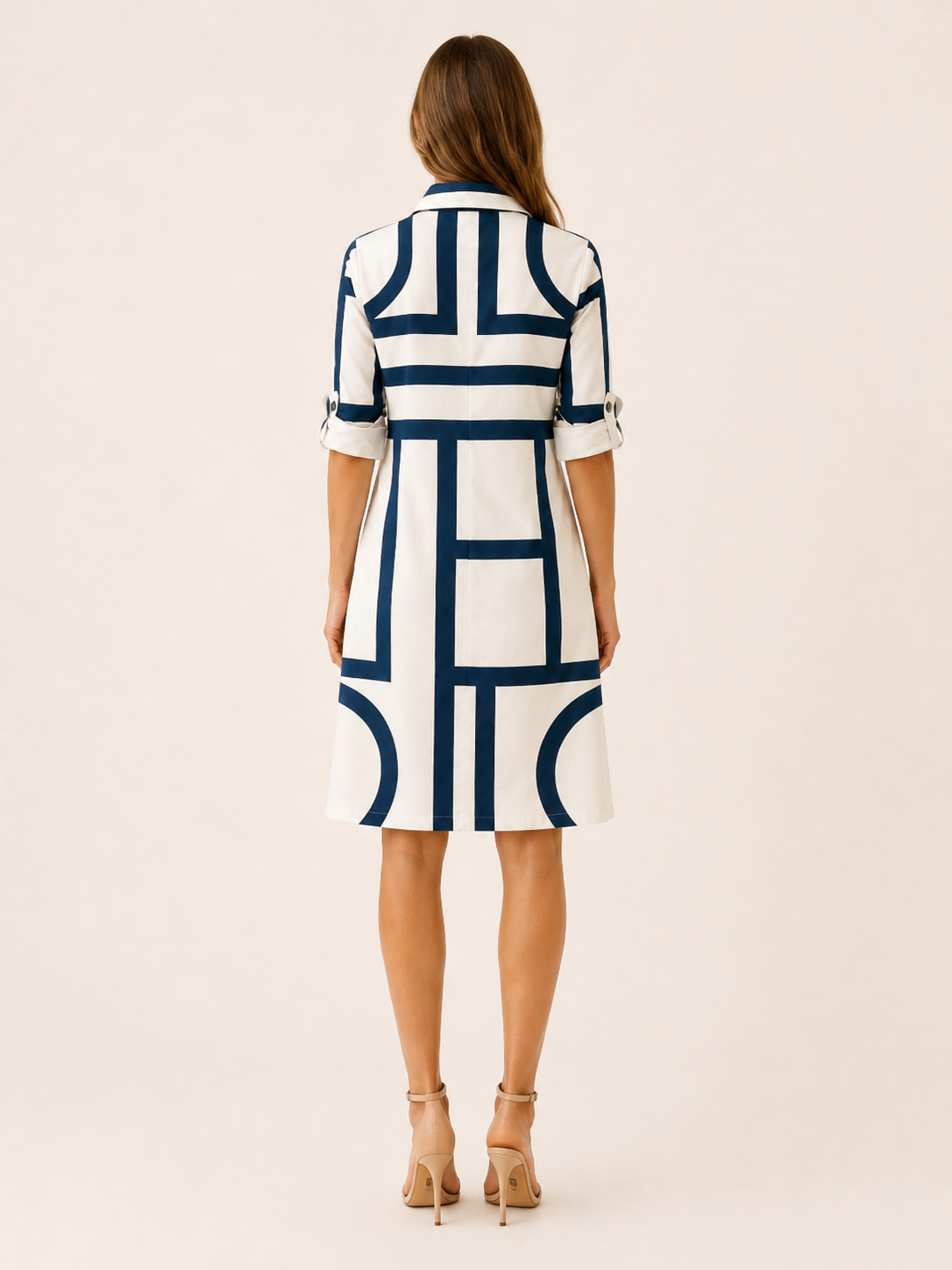 Blaire | Geometric Midi Dress with Shirt Collar Button Front