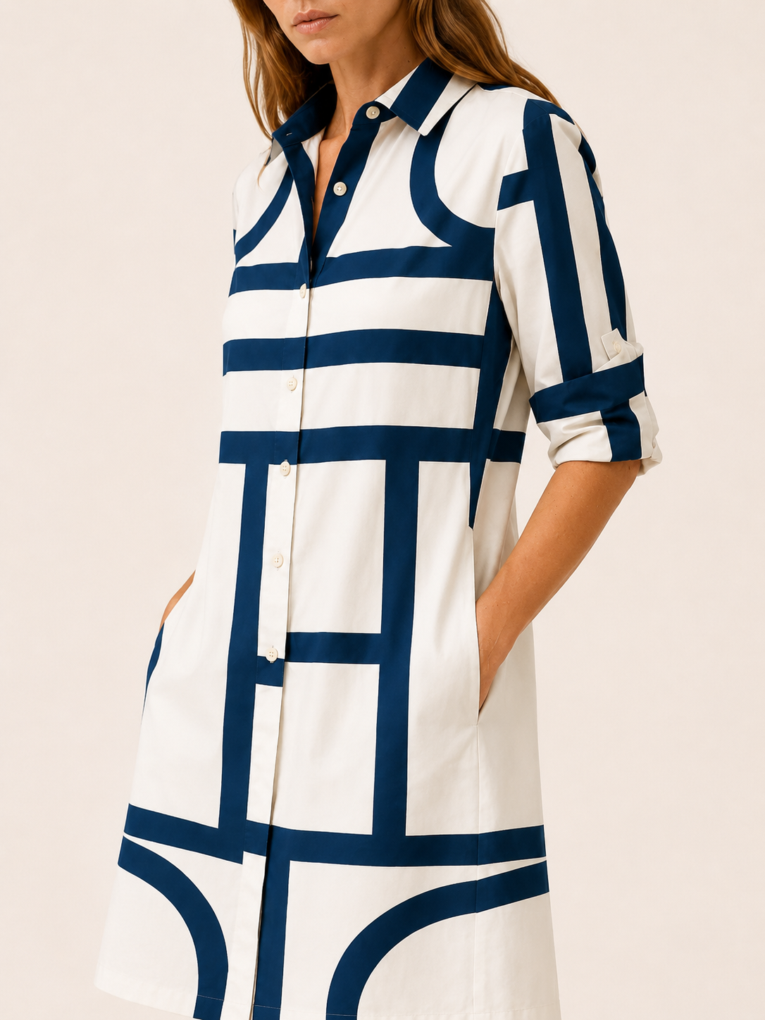 Blaire | Geometric Midi Dress with Shirt Collar Button Front