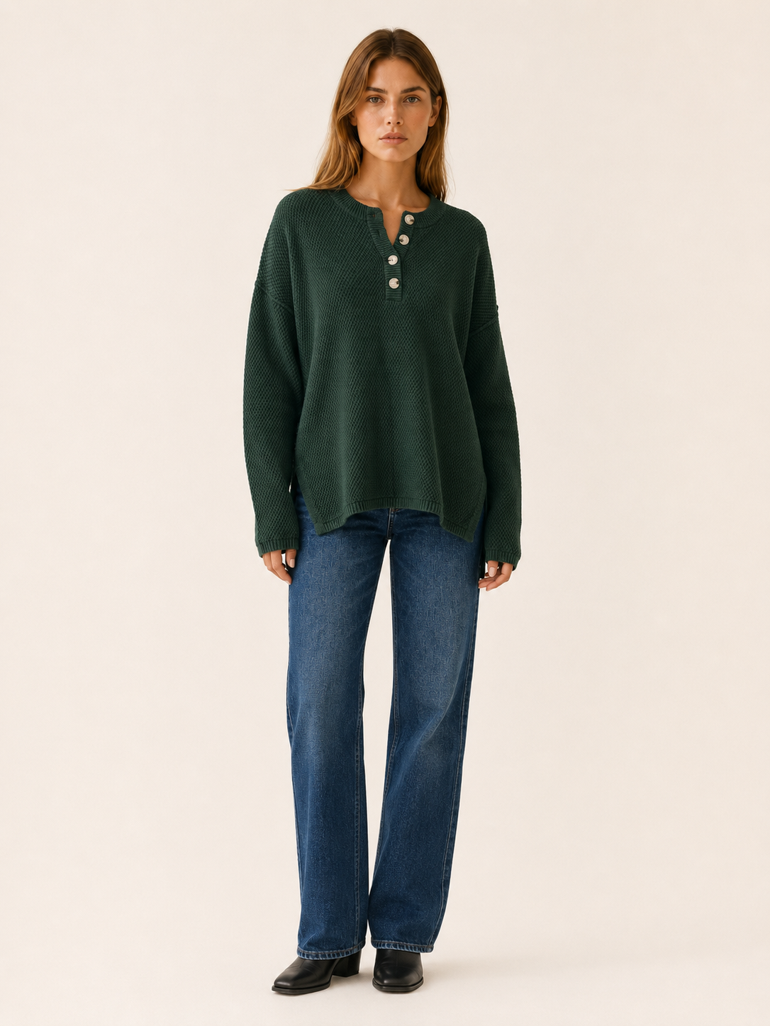 Brialisse | Button Neck Jumper with Stepped Hem and Side Slits
