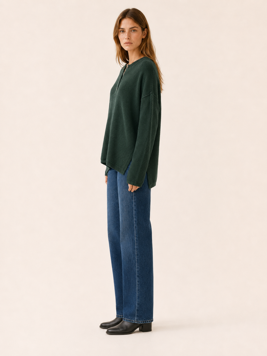 Brialisse | Button Neck Jumper with Stepped Hem and Side Slits