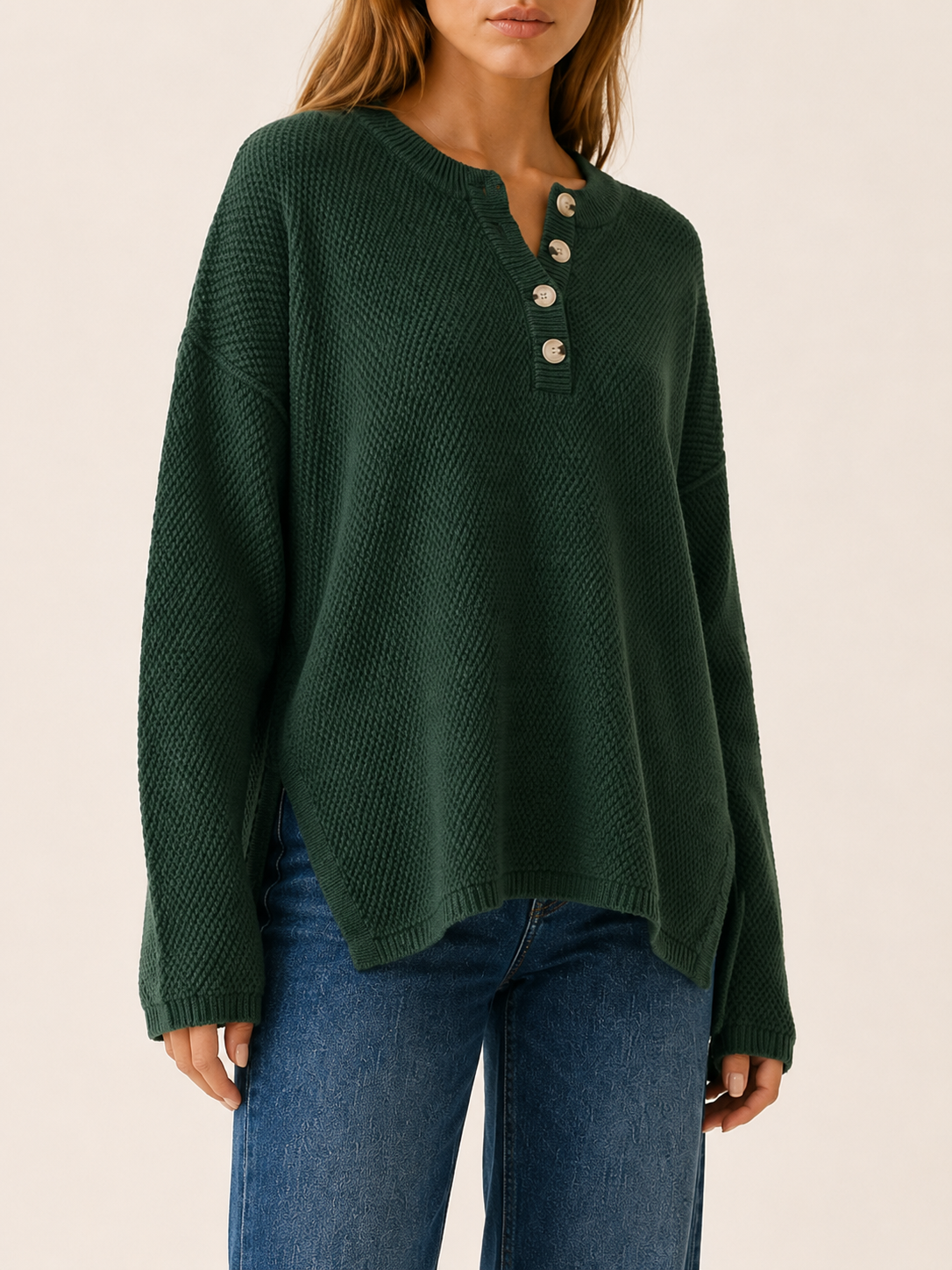 Brialisse | Button Neck Jumper with Stepped Hem and Side Slits