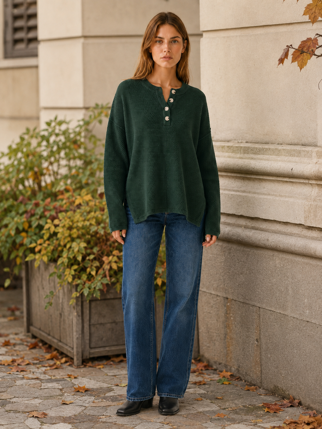 Brialisse | Button Neck Jumper with Stepped Hem and Side Slits