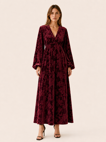 Brietta | Velour Maxi Dress with V Neck Jacquard Detail