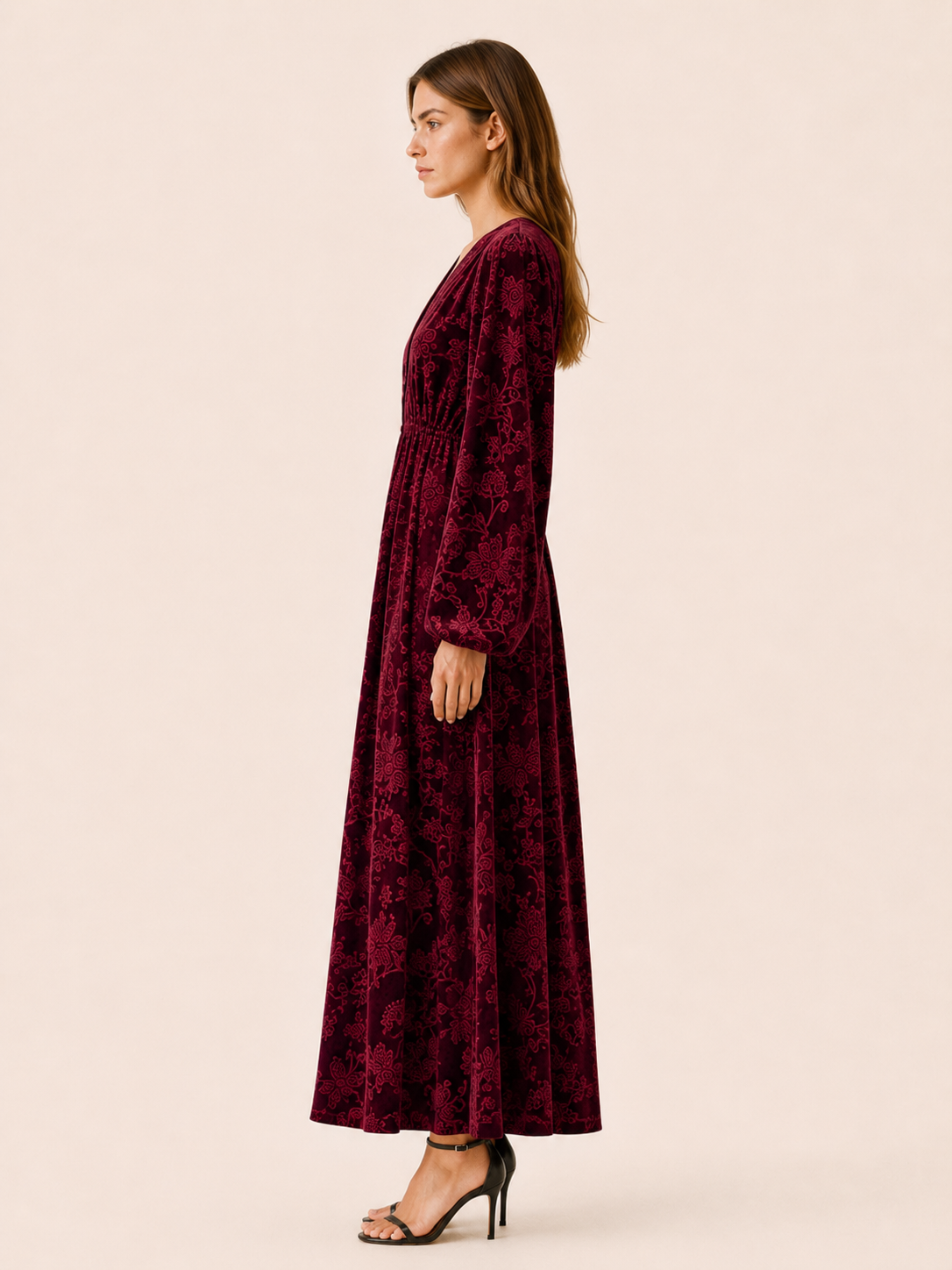 Brietta | Velour Maxi Dress with V Neck Jacquard Detail